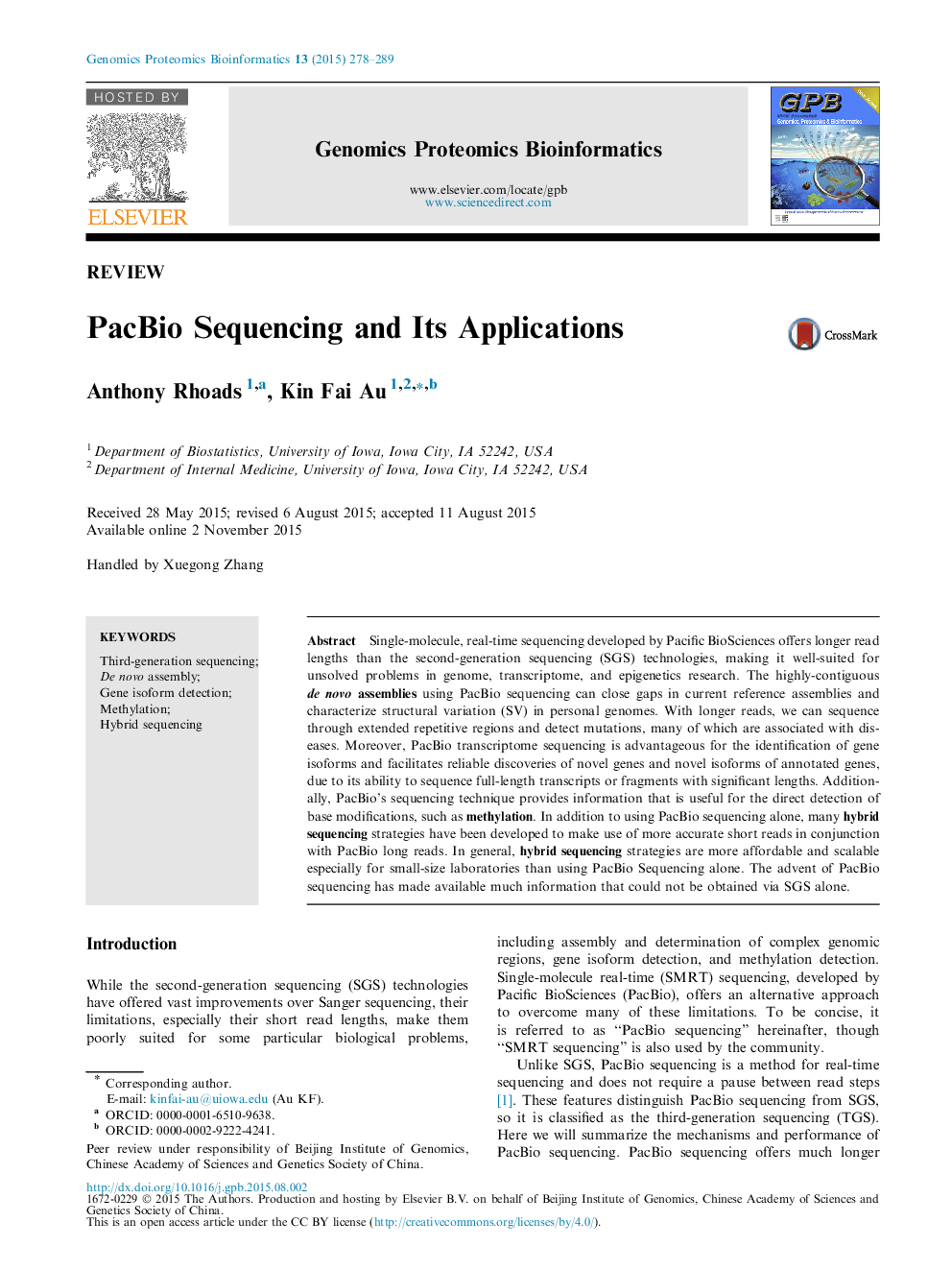 PacBio Sequencing and Its Applications 