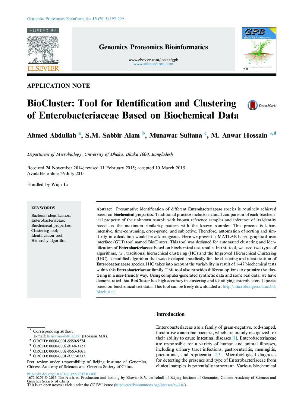 BioCluster: Tool for Identification and Clustering of Enterobacteriaceae Based on Biochemical Data 