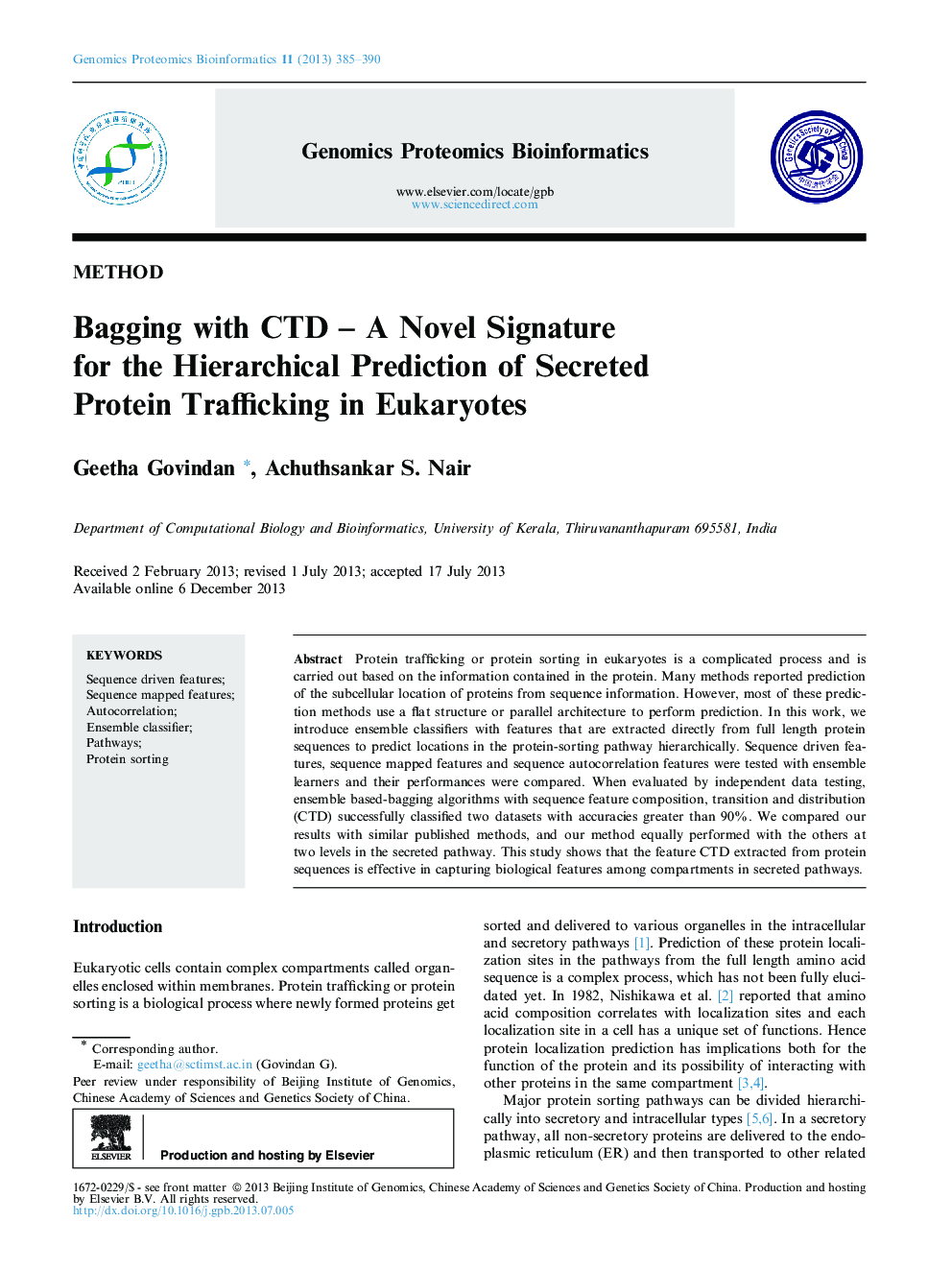 Bagging with CTD – A Novel Signature for the Hierarchical Prediction of Secreted Protein Trafficking in Eukaryotes 