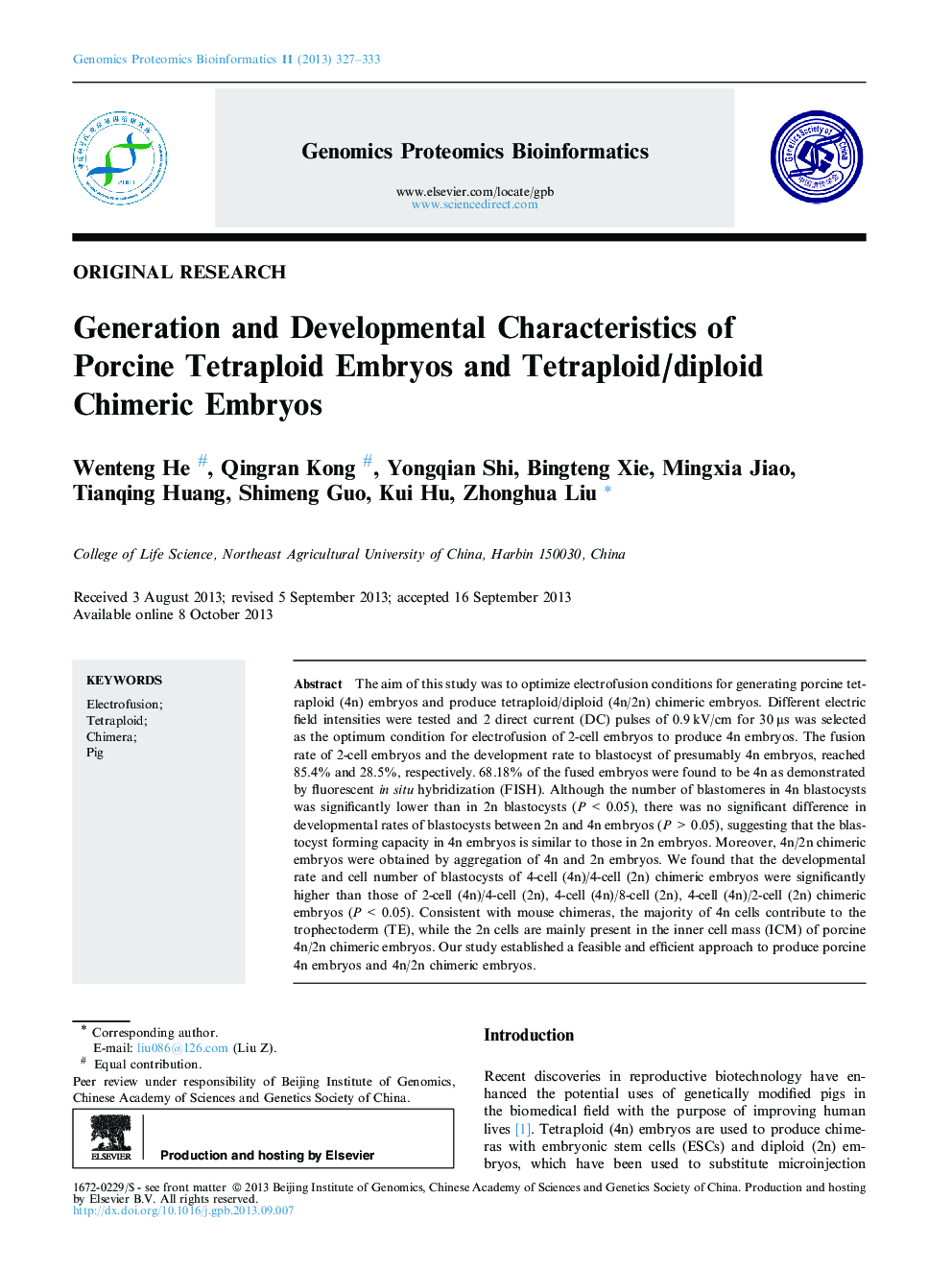 Generation and Developmental Characteristics of Porcine Tetraploid Embryos and Tetraploid/diploid Chimeric Embryos 