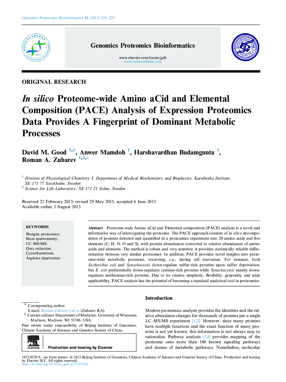 In silico Proteome-wide Amino aCid and Elemental Composition (PACE) Analysis of Expression Proteomics Data Provides A Fingerprint of Dominant Metabolic Processes 