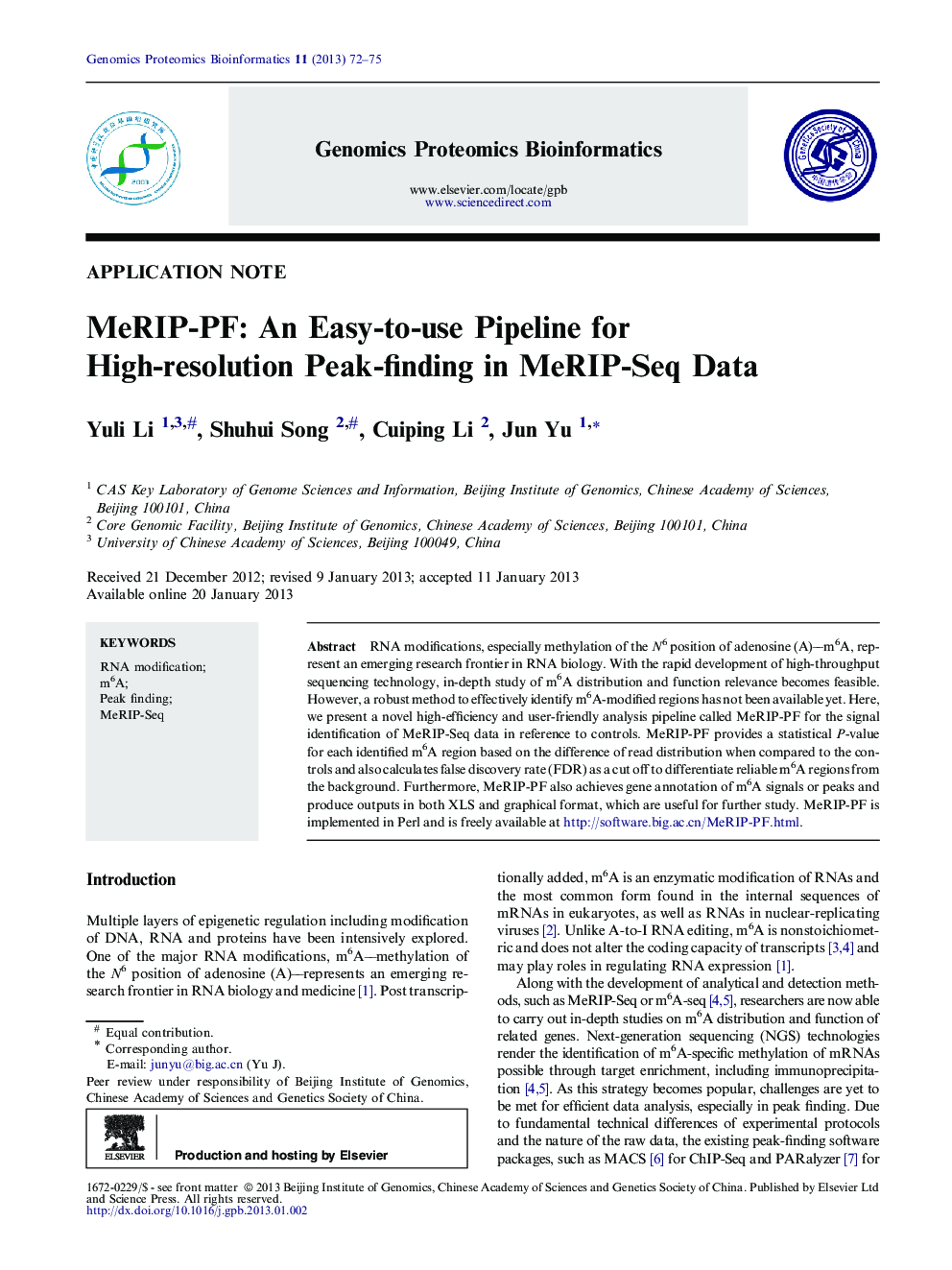 MeRIP-PF: An Easy-to-use Pipeline for High-resolution Peak-finding in MeRIP-Seq Data 