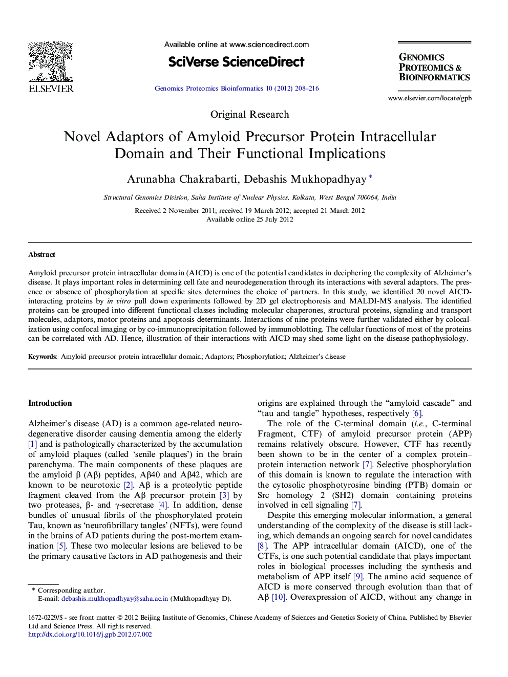 Novel Adaptors of Amyloid Precursor Protein Intracellular Domain and Their Functional Implications