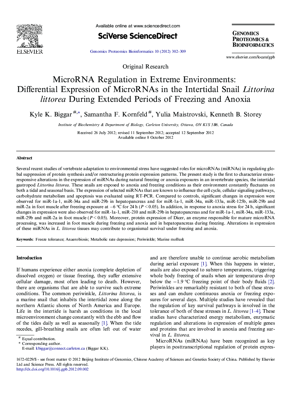 MicroRNA Regulation in Extreme Environments: Differential Expression of MicroRNAs in the Intertidal Snail Littorina littorea During Extended Periods of Freezing and Anoxia