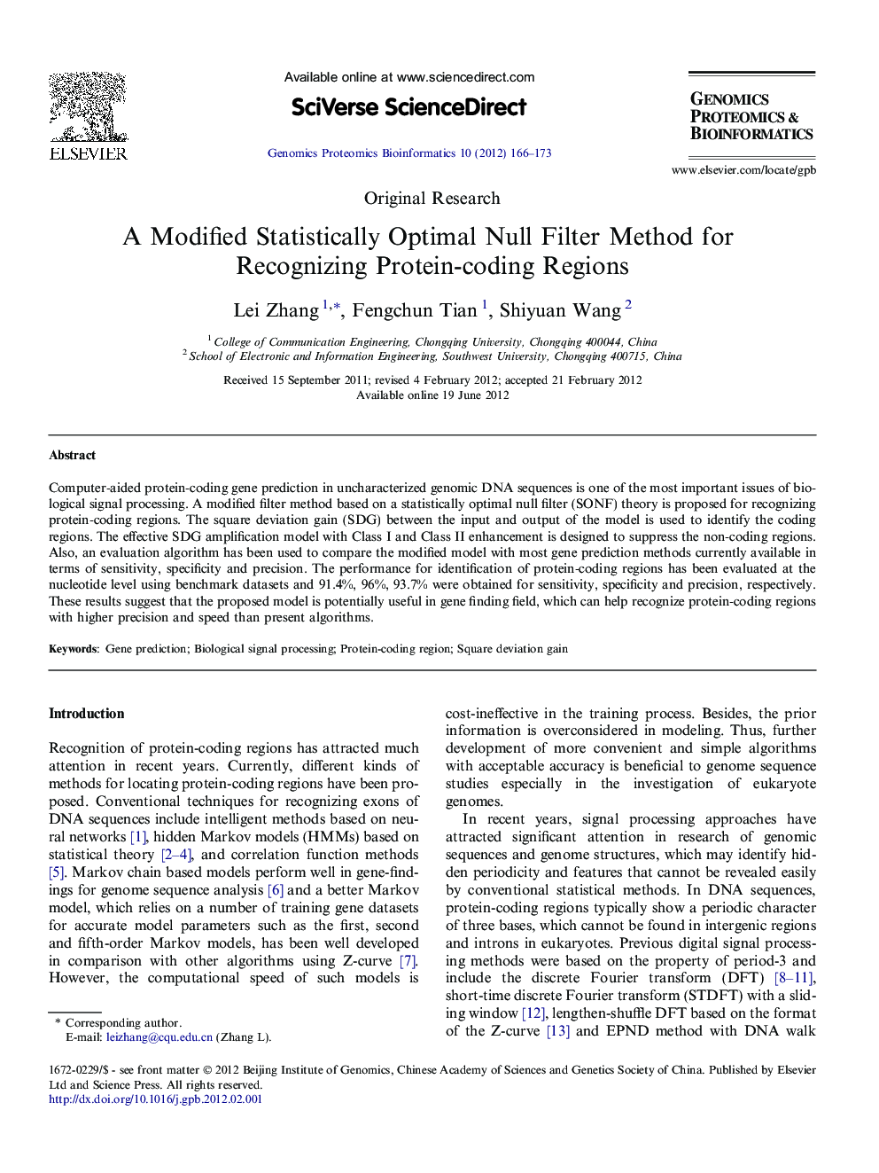 A Modified Statistically Optimal Null Filter Method for Recognizing Protein-coding Regions