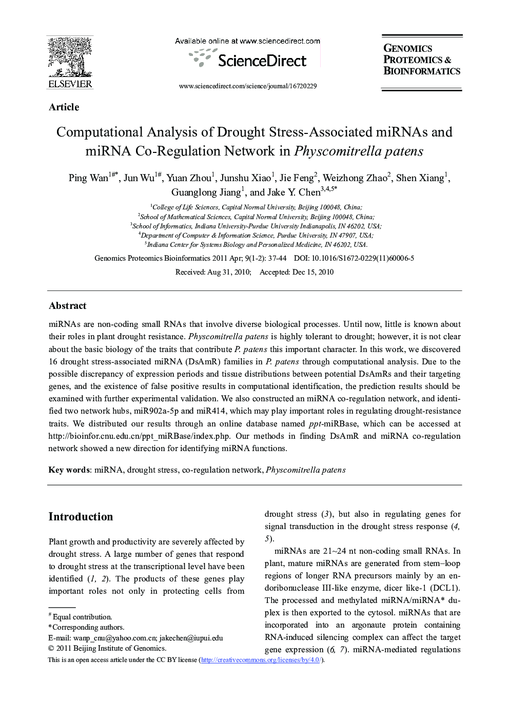 Computational Analysis of Drought Stress-Associated miRNAs and miRNA Co-Regulation Network in Physcomitrella patens