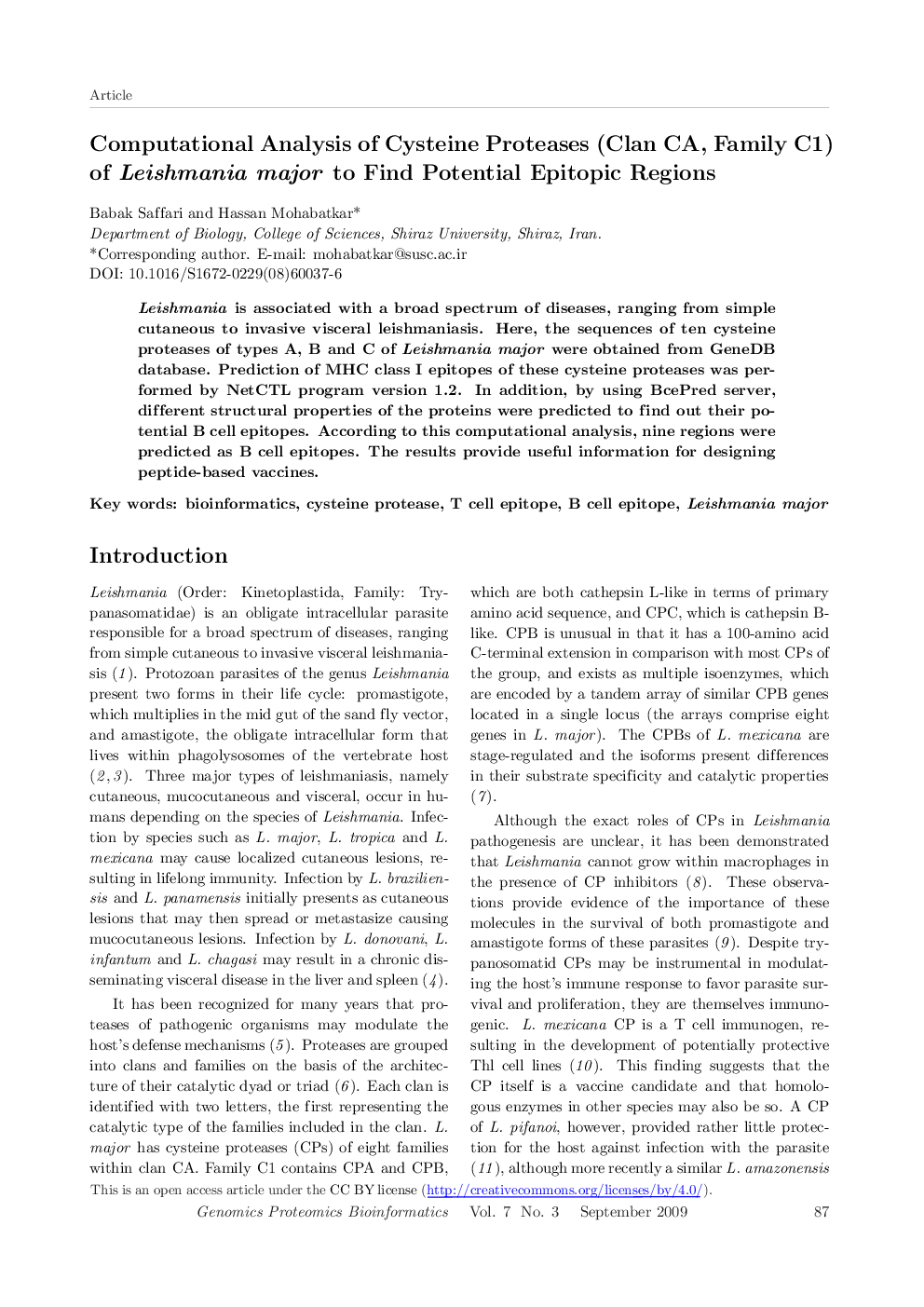 Computational Analysis of Cysteine Proteases (Clan CA, Family C1) of Leishmania major to Find Potential Epitopic Regions