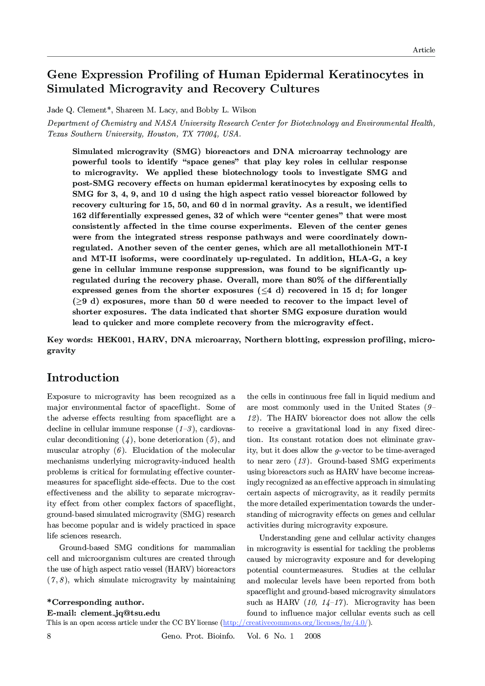 Gene Expression Profiling of Human Epidermal Keratinocytes in Simulated Microgravity and Recovery Cultures