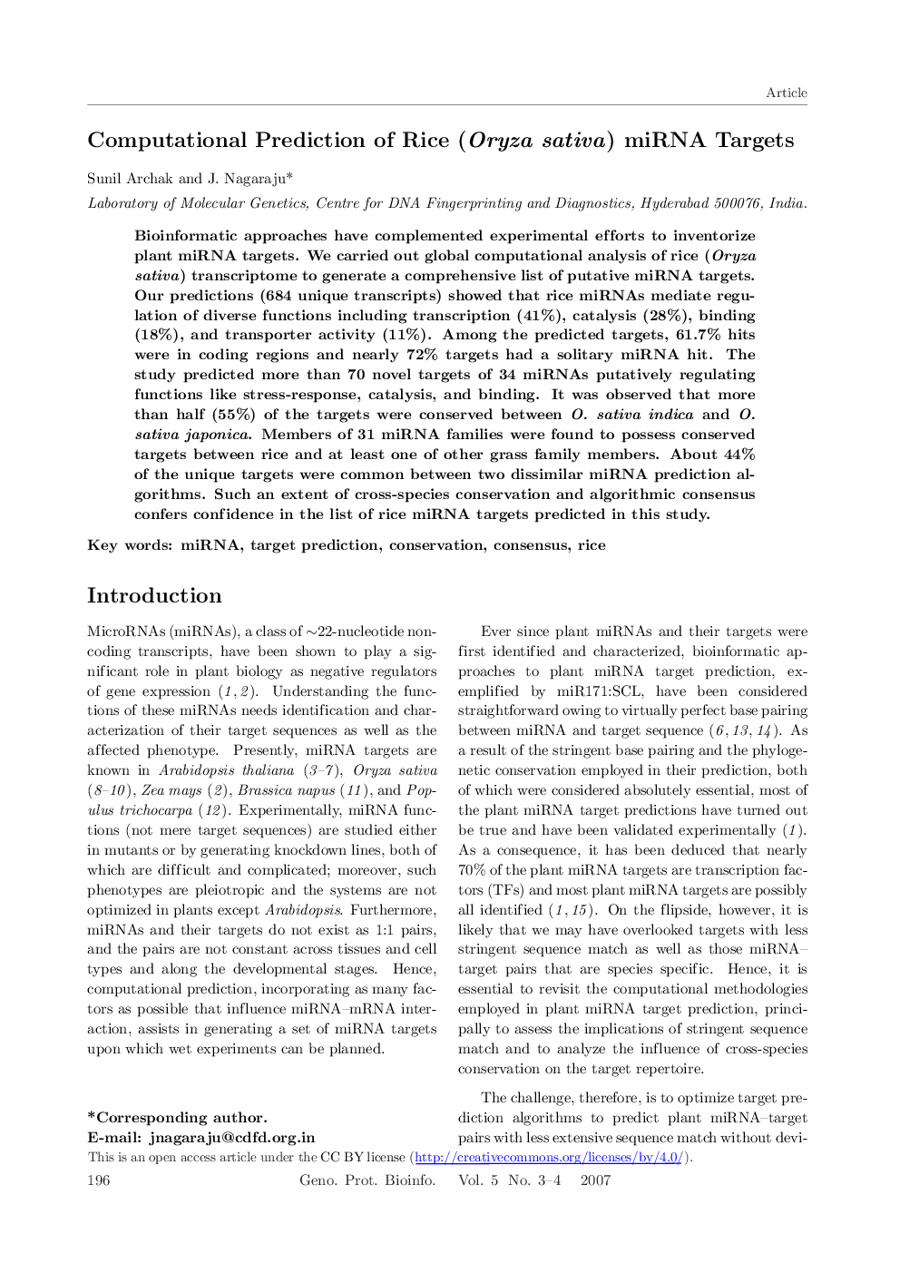 Computational Prediction of Rice (Oryza sativa) miRNA Targets