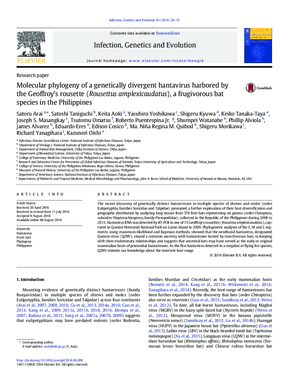 Molecular phylogeny of a genetically divergent hantavirus harbored by the Geoffroy's rousette (Rousettus amplexicaudatus), a frugivorous bat species in the Philippines