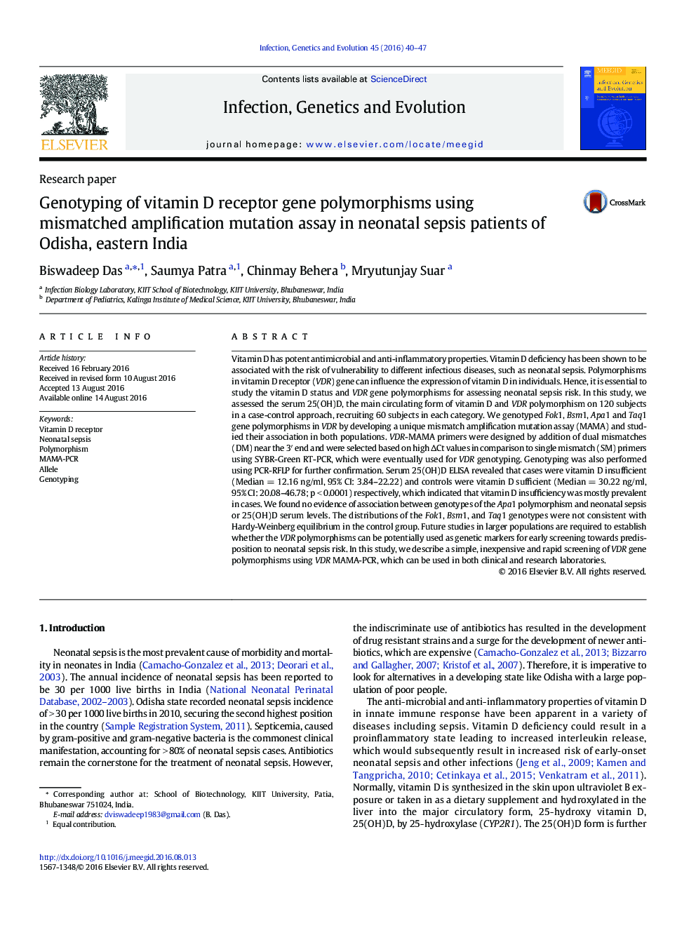 Genotyping of vitamin D receptor gene polymorphisms using mismatched amplification mutation assay in neonatal sepsis patients of Odisha, eastern India