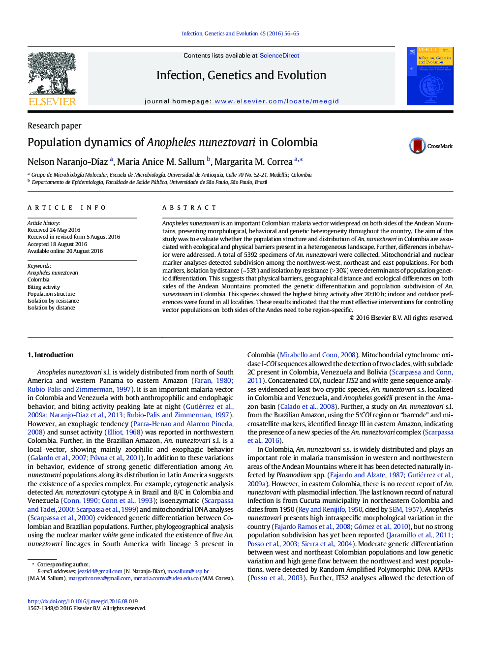 Population dynamics of Anopheles nuneztovari in Colombia