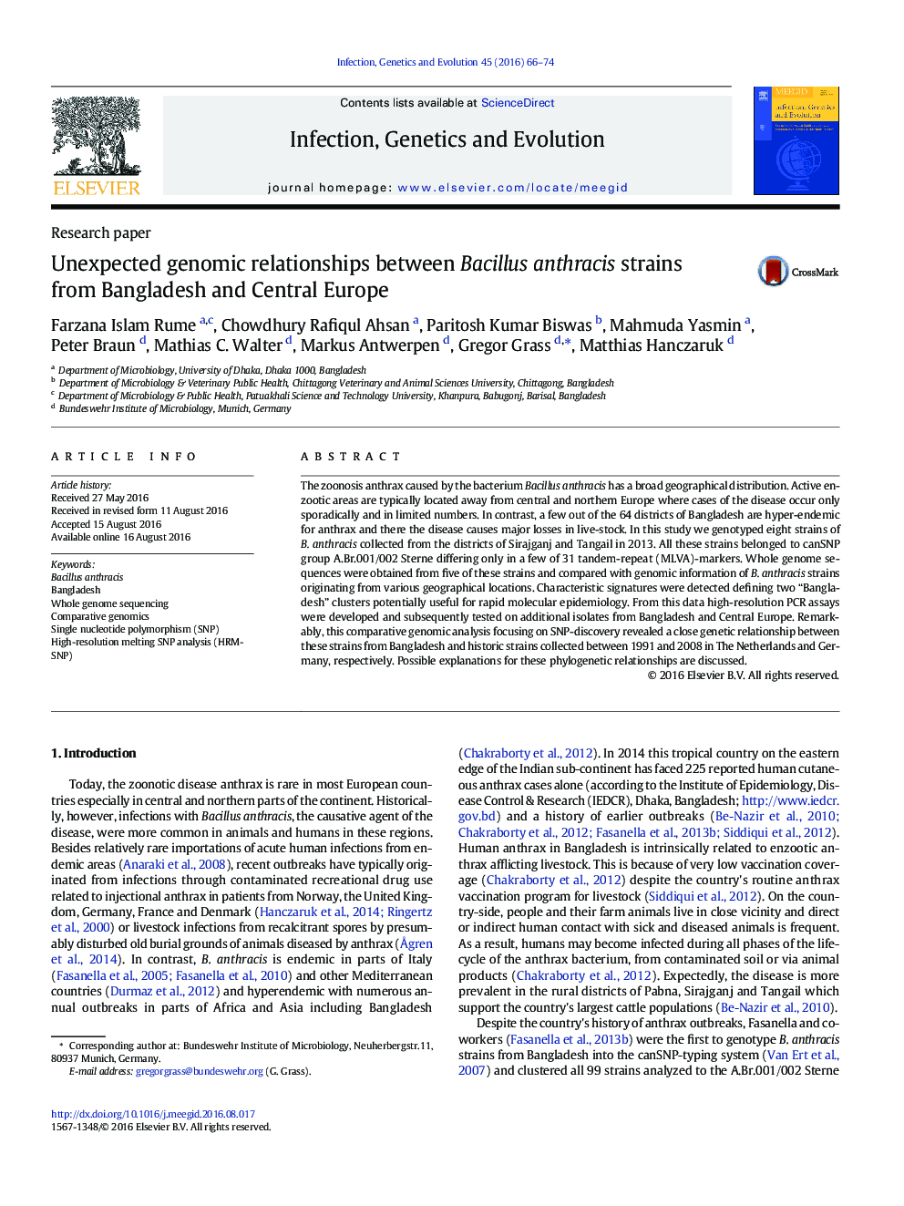 Unexpected genomic relationships between Bacillus anthracis strains from Bangladesh and Central Europe