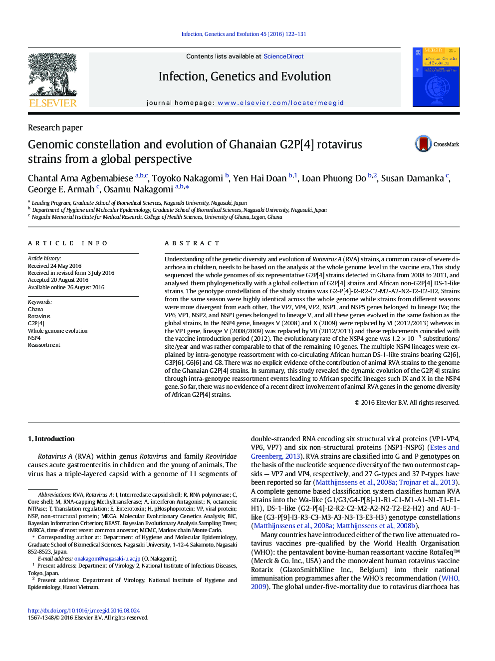 Genomic constellation and evolution of Ghanaian G2P[4] rotavirus strains from a global perspective