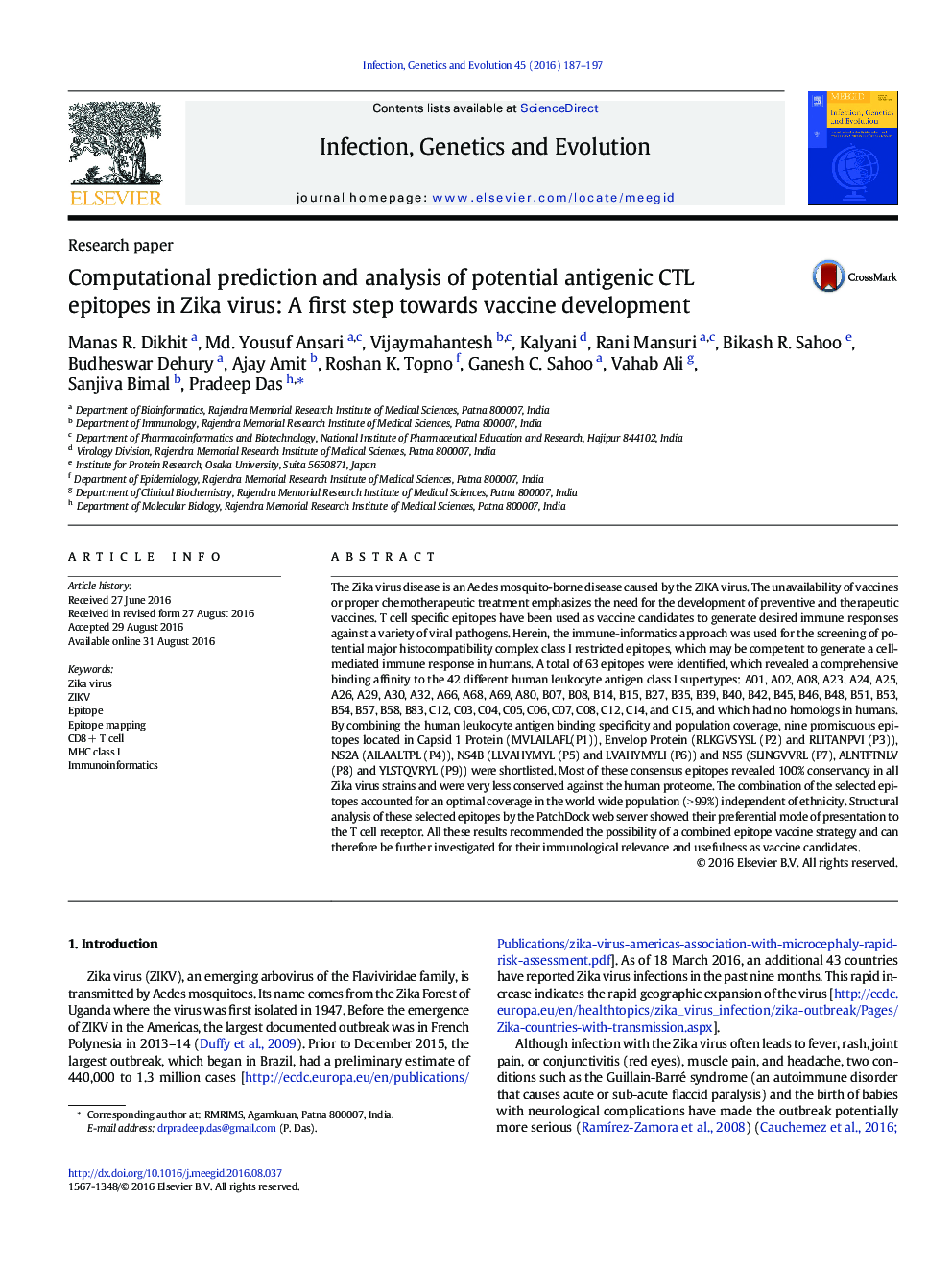 Computational prediction and analysis of potential antigenic CTL epitopes in Zika virus: A first step towards vaccine development