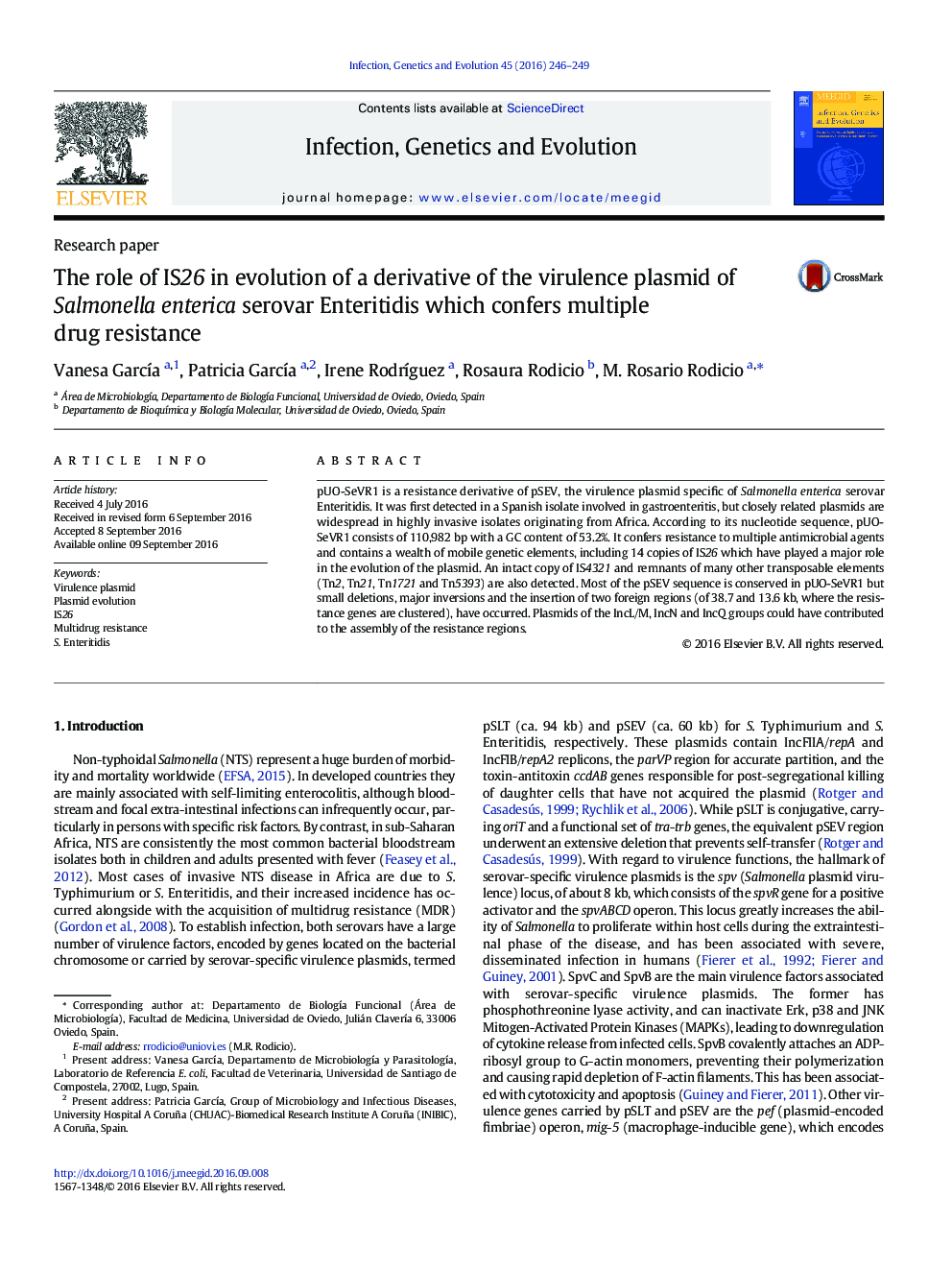 The role of IS26 in evolution of a derivative of the virulence plasmid of Salmonella enterica serovar Enteritidis which confers multiple drug resistance