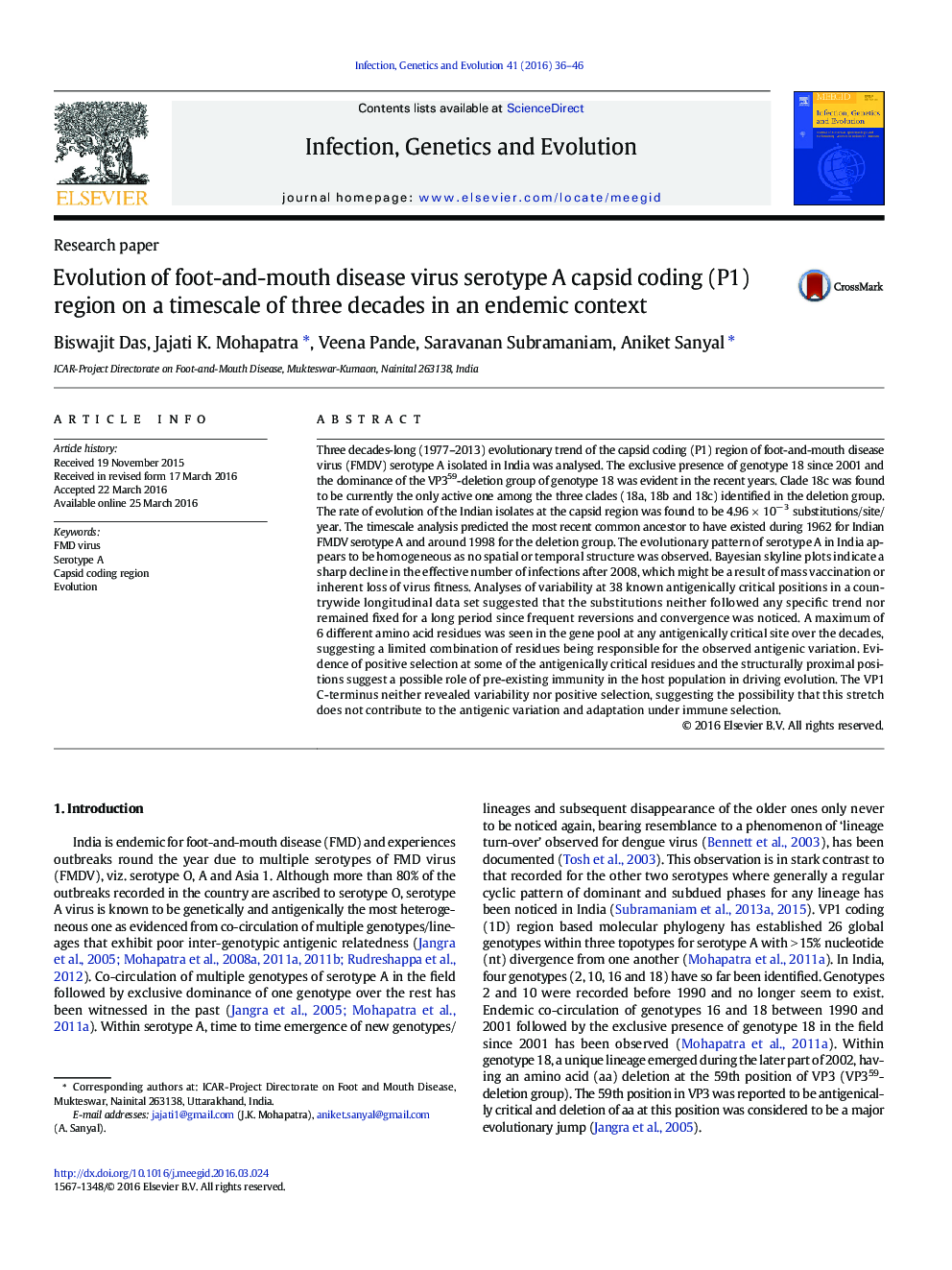 Evolution of foot-and-mouth disease virus serotype A capsid coding (P1) region on a timescale of three decades in an endemic context