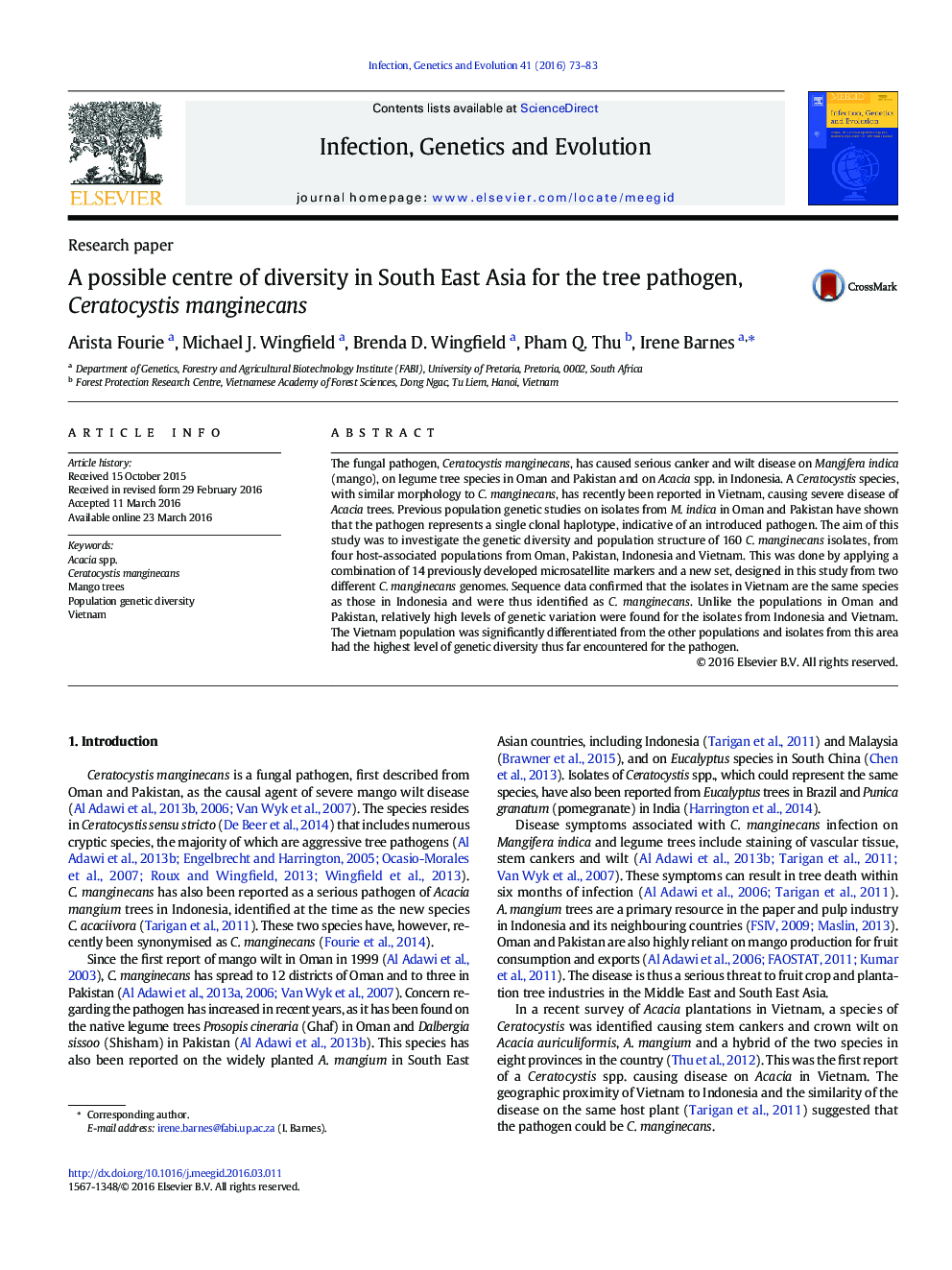 A possible centre of diversity in South East Asia for the tree pathogen, Ceratocystis manginecans