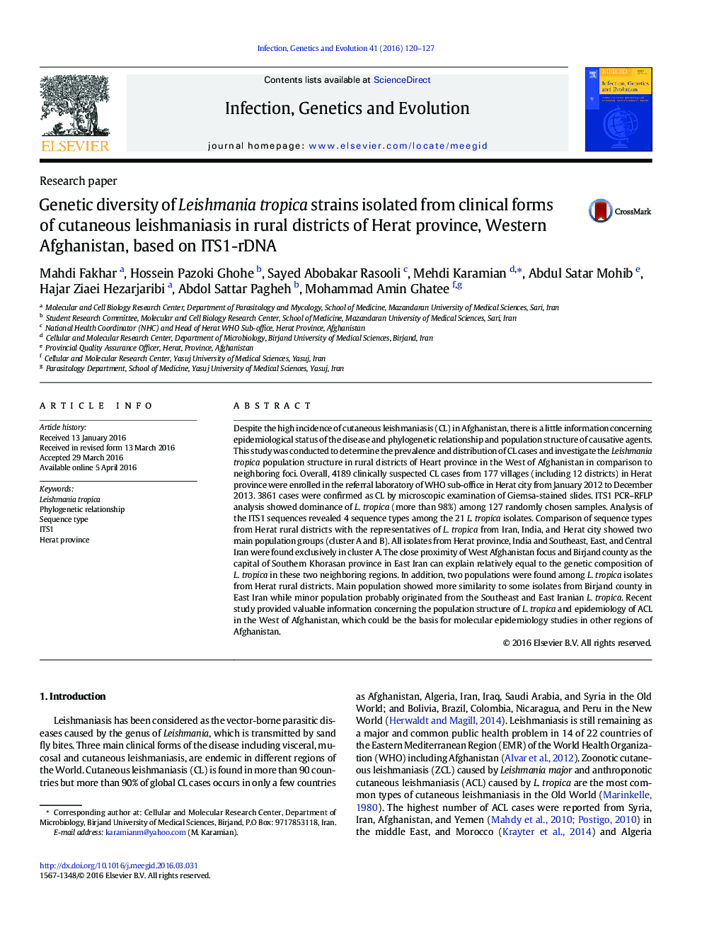 Genetic diversity of Leishmania tropica strains isolated from clinical forms of cutaneous leishmaniasis in rural districts of Herat province, Western Afghanistan, based on ITS1-rDNA