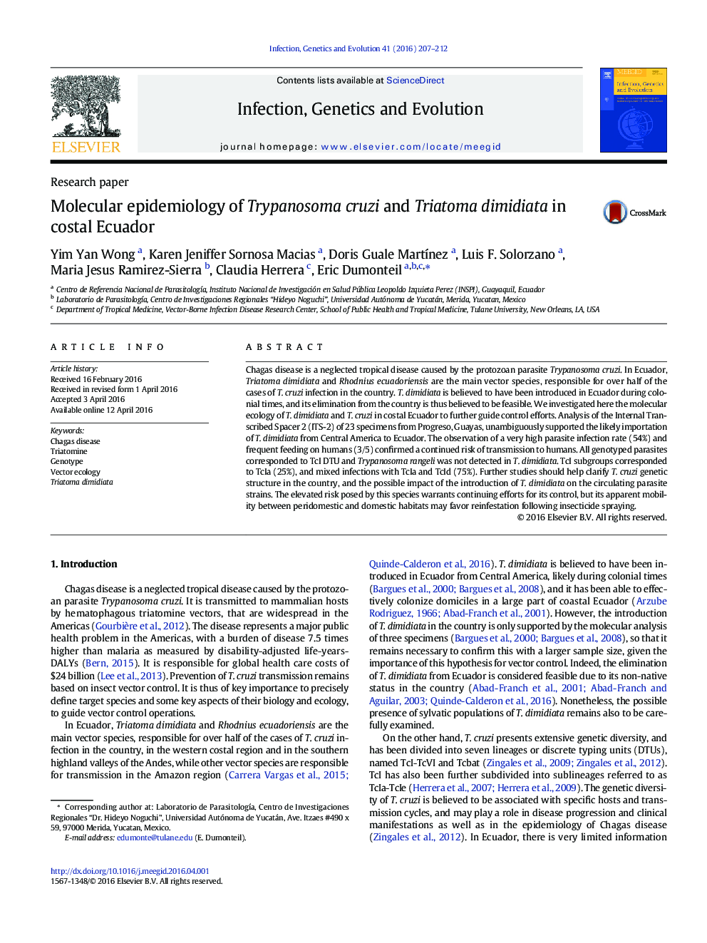 Molecular epidemiology of Trypanosoma cruzi and Triatoma dimidiata in costal Ecuador