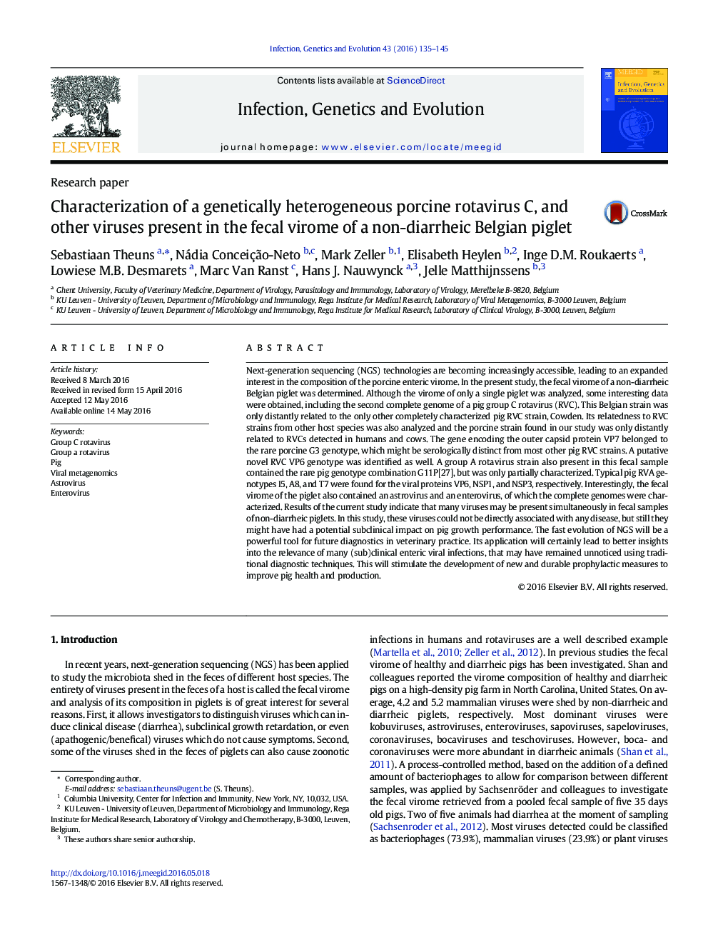 Characterization of a genetically heterogeneous porcine rotavirus C, and other viruses present in the fecal virome of a non-diarrheic Belgian piglet