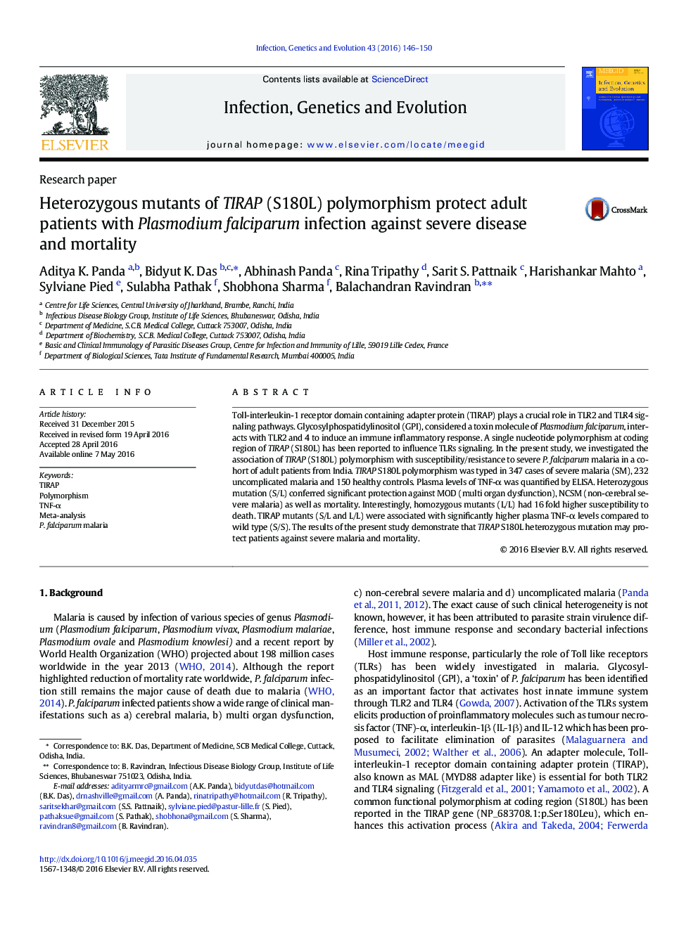 Heterozygous mutants of TIRAP (S180L) polymorphism protect adult patients with Plasmodium falciparum infection against severe disease and mortality