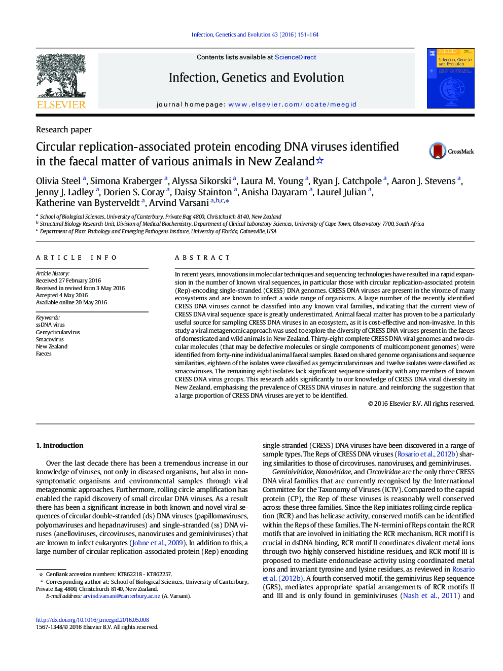 Circular replication-associated protein encoding DNA viruses identified in the faecal matter of various animals in New Zealand 