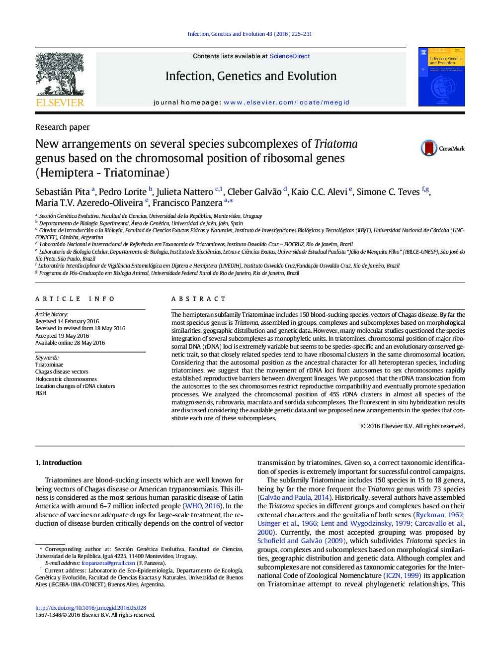 عکس صفحه اول مقاله: New arrangements on several species subcomplexes of Triatoma genus based on the chromosomal position of ribosomal genes (Hemiptera - Triatominae) New arrangements on several species subcomplexes of Triatoma genus based on the chromosomal position of ribosomal genes (Hemiptera - Triatominae)