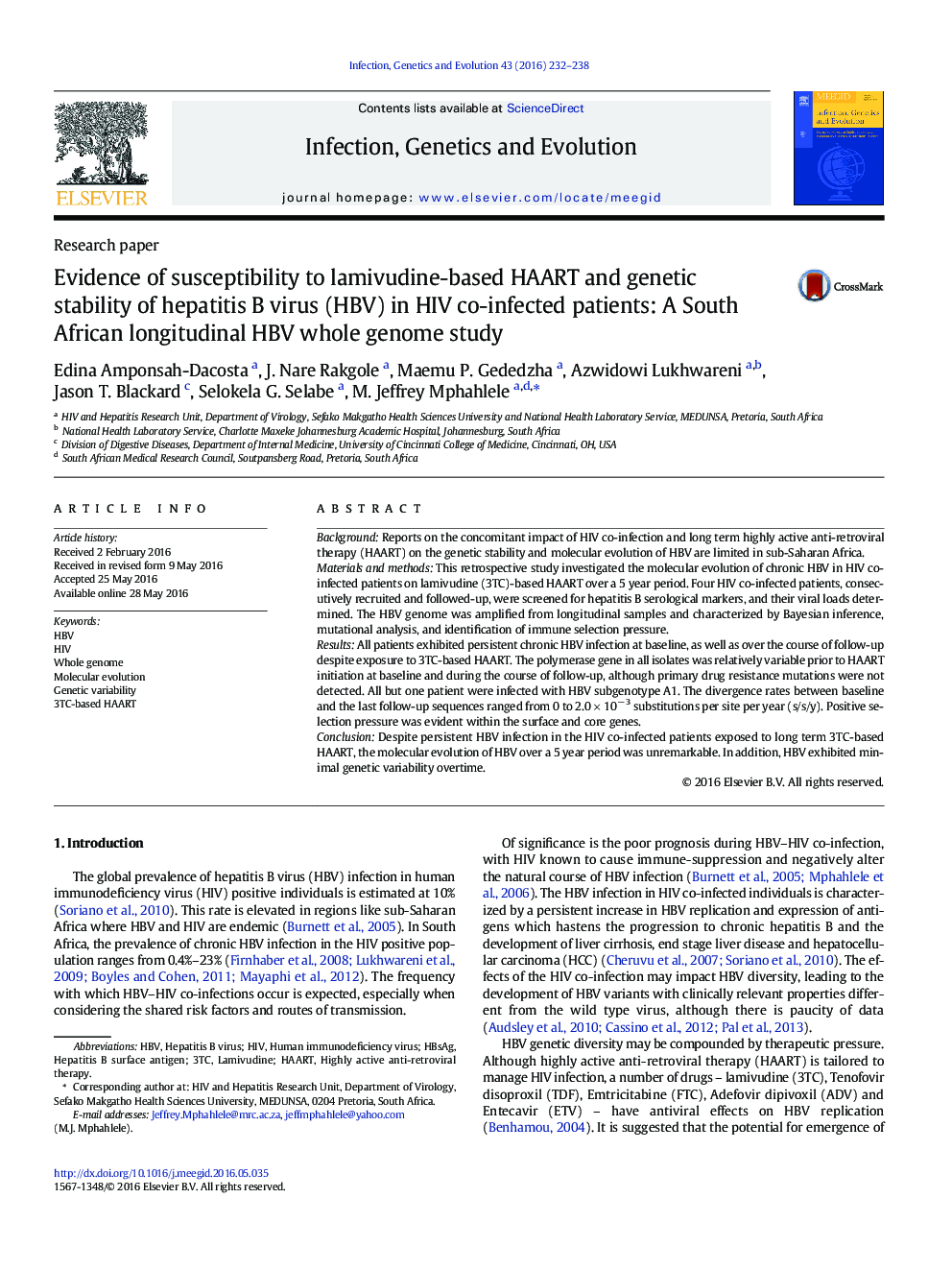 Evidence of susceptibility to lamivudine-based HAART and genetic stability of hepatitis B virus (HBV) in HIV co-infected patients: A South African longitudinal HBV whole genome study