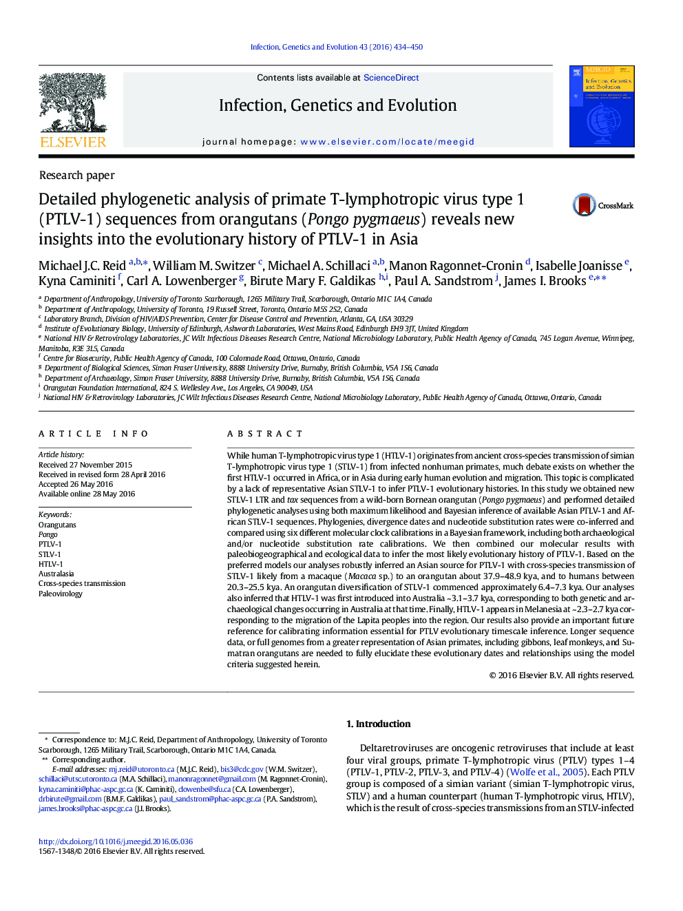 Detailed phylogenetic analysis of primate T-lymphotropic virus type 1 (PTLV-1) sequences from orangutans (Pongo pygmaeus) reveals new insights into the evolutionary history of PTLV-1 in Asia