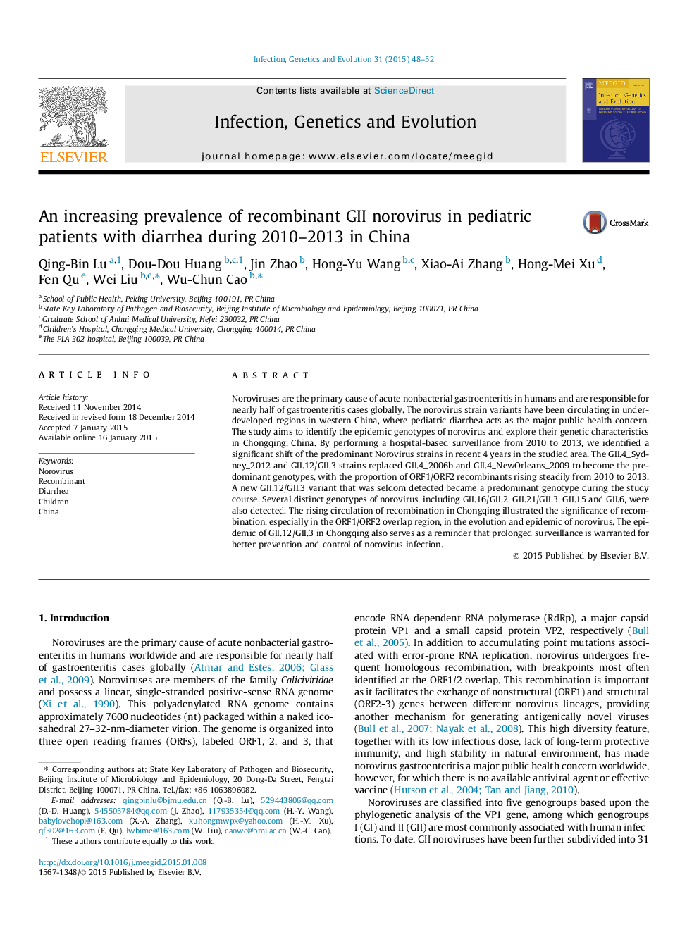 An increasing prevalence of recombinant GII norovirus in pediatric patients with diarrhea during 2010–2013 in China