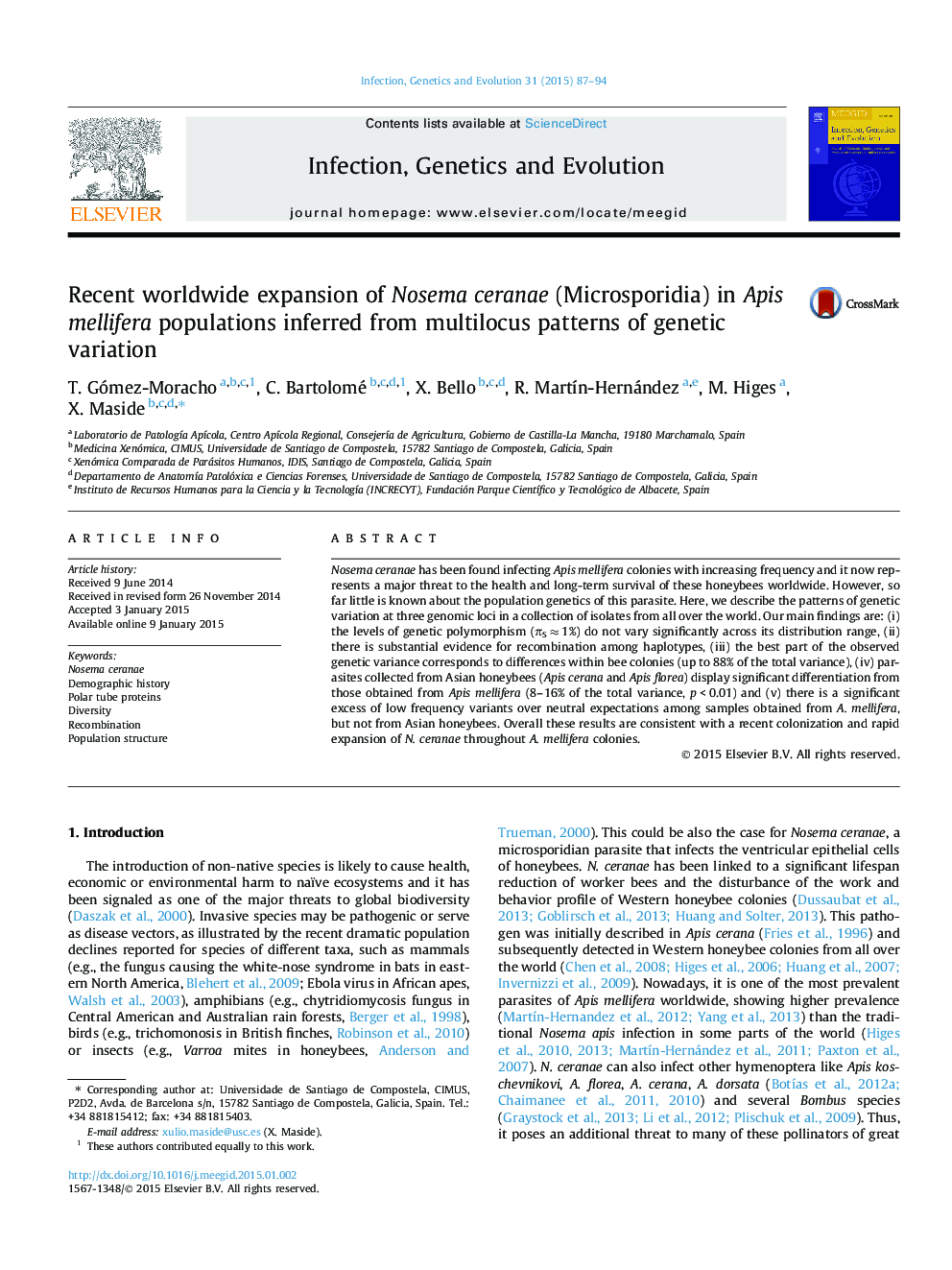 Recent worldwide expansion of Nosema ceranae (Microsporidia) in Apis mellifera populations inferred from multilocus patterns of genetic variation