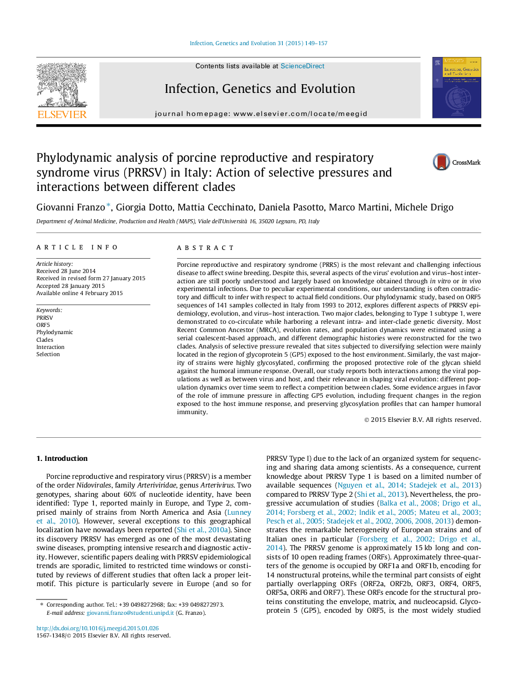 Phylodynamic analysis of porcine reproductive and respiratory syndrome virus (PRRSV) in Italy: Action of selective pressures and interactions between different clades