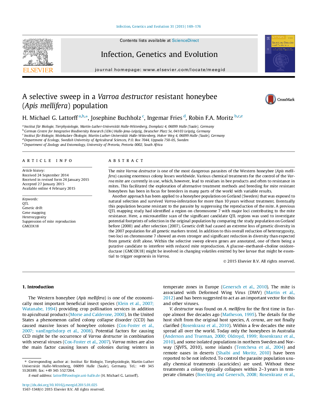 A selective sweep in a Varroa destructor resistant honeybee (Apis mellifera) population