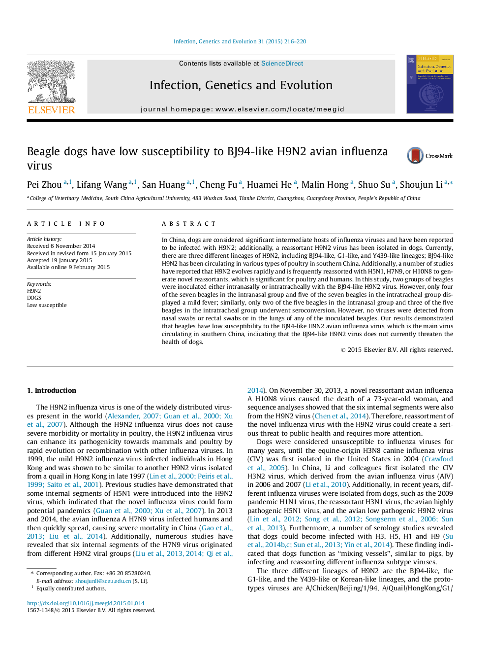 Beagle dogs have low susceptibility to BJ94-like H9N2 avian influenza virus