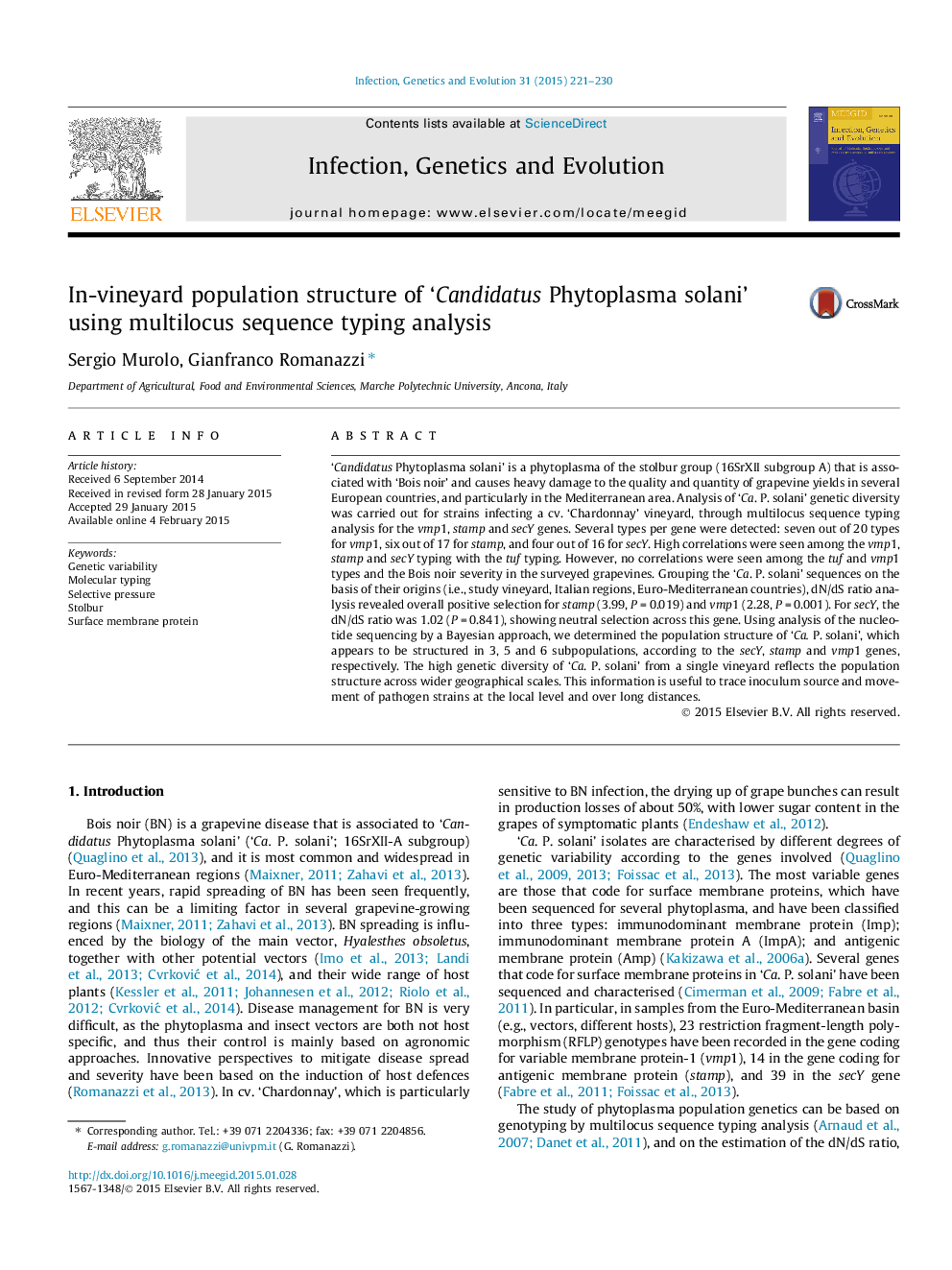 In-vineyard population structure of ‘Candidatus Phytoplasma solani’ using multilocus sequence typing analysis