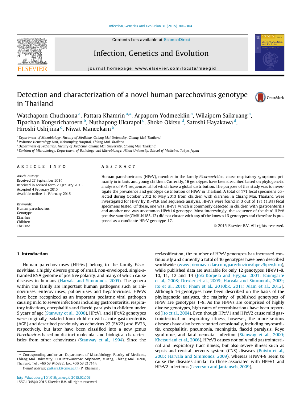 Detection and characterization of a novel human parechovirus genotype in Thailand