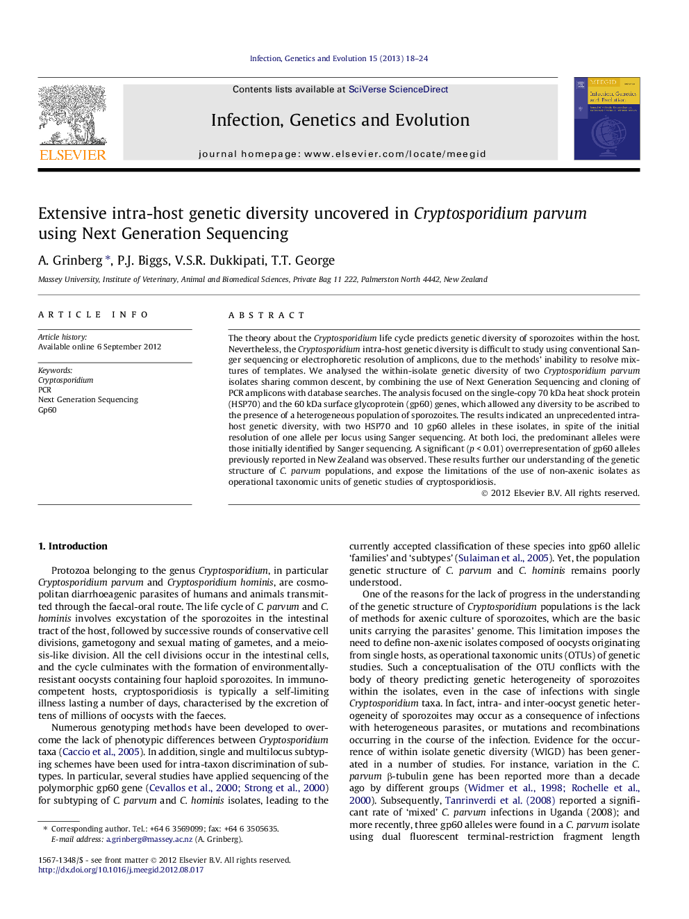 Extensive intra-host genetic diversity uncovered in Cryptosporidium parvum using Next Generation Sequencing