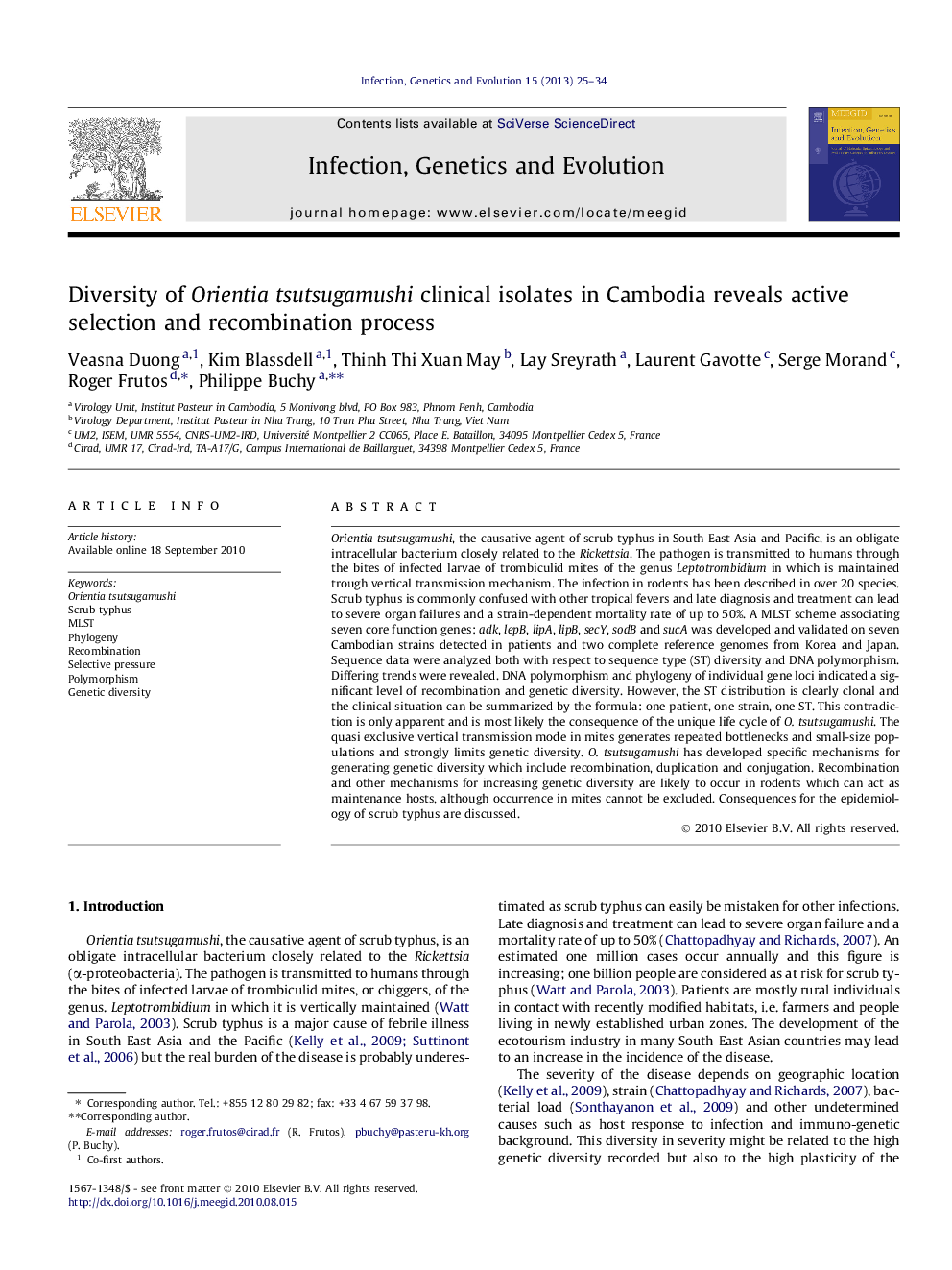 Diversity of Orientia tsutsugamushi clinical isolates in Cambodia reveals active selection and recombination process