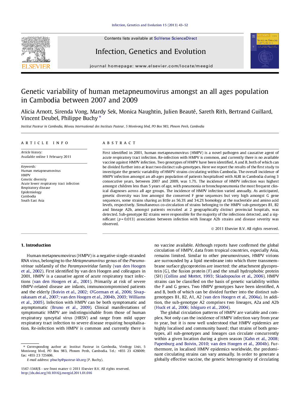 Genetic variability of human metapneumovirus amongst an all ages population in Cambodia between 2007 and 2009