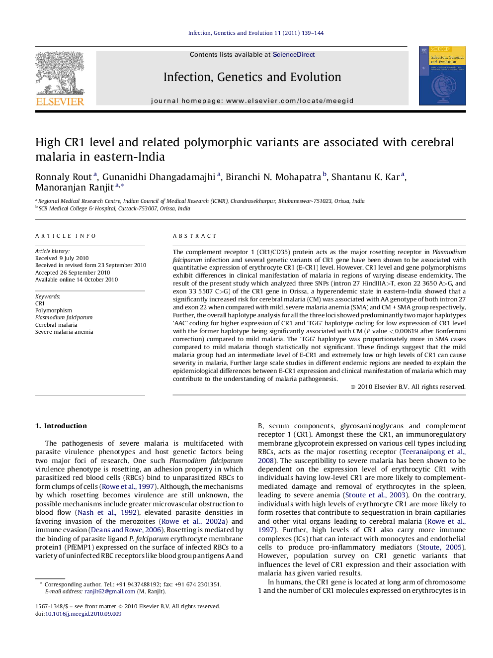 High CR1 level and related polymorphic variants are associated with cerebral malaria in eastern-India