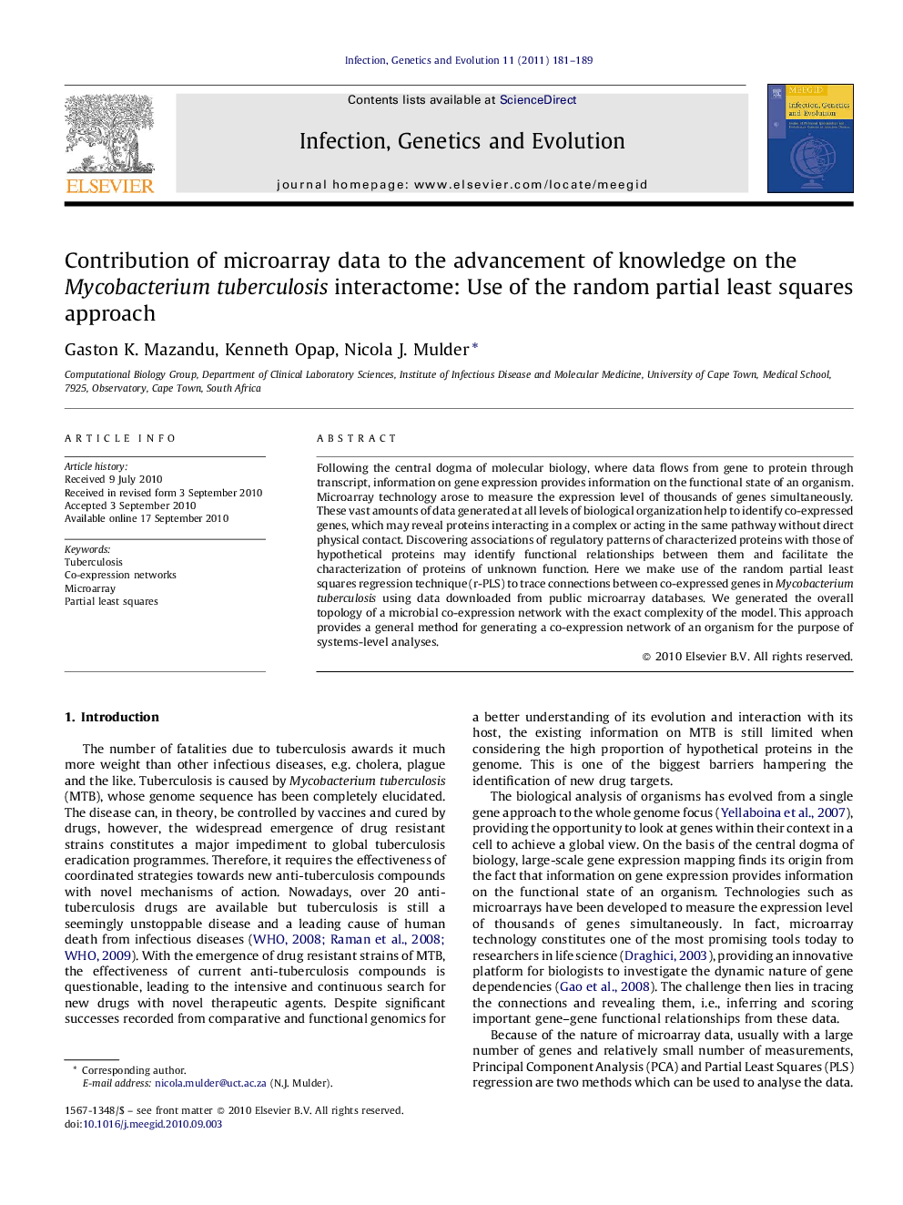 Contribution of microarray data to the advancement of knowledge on the Mycobacterium tuberculosis interactome: Use of the random partial least squares approach