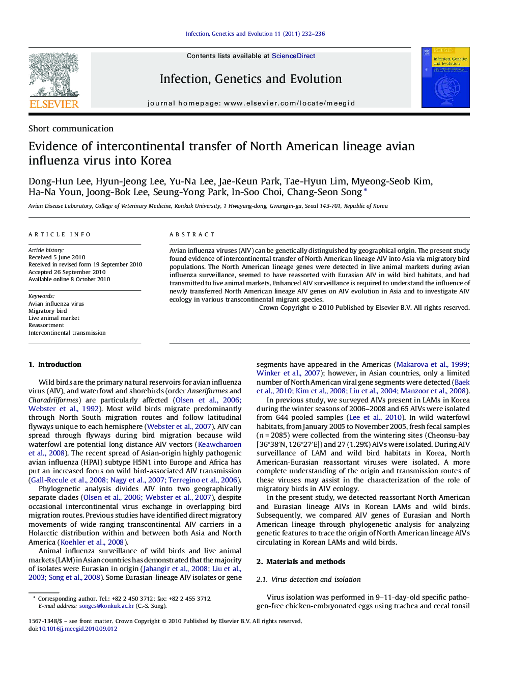 Evidence of intercontinental transfer of North American lineage avian influenza virus into Korea