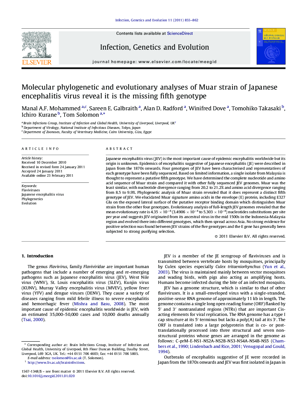 Molecular phylogenetic and evolutionary analyses of Muar strain of Japanese encephalitis virus reveal it is the missing fifth genotype