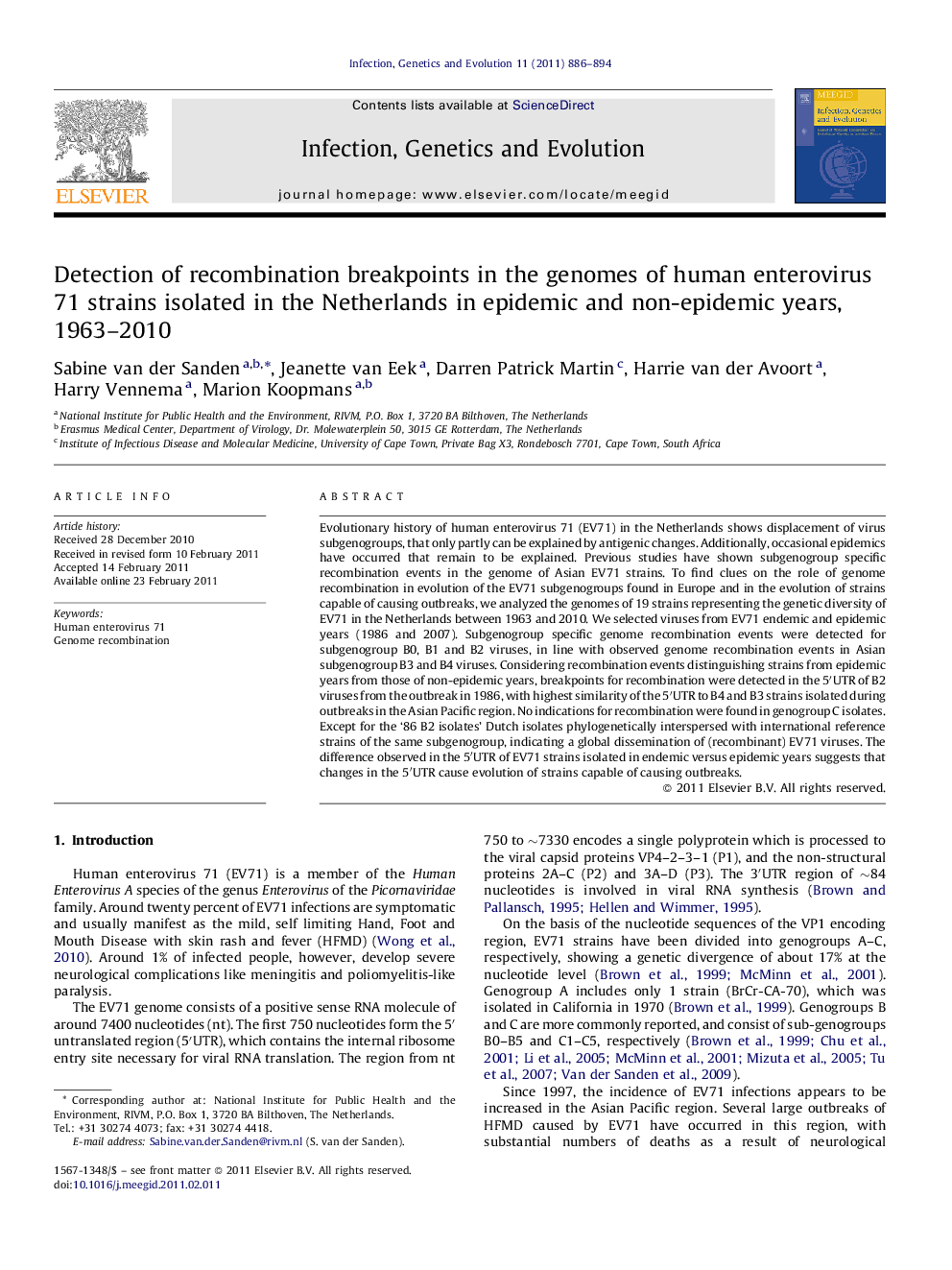 Detection of recombination breakpoints in the genomes of human enterovirus 71 strains isolated in the Netherlands in epidemic and non-epidemic years, 1963–2010