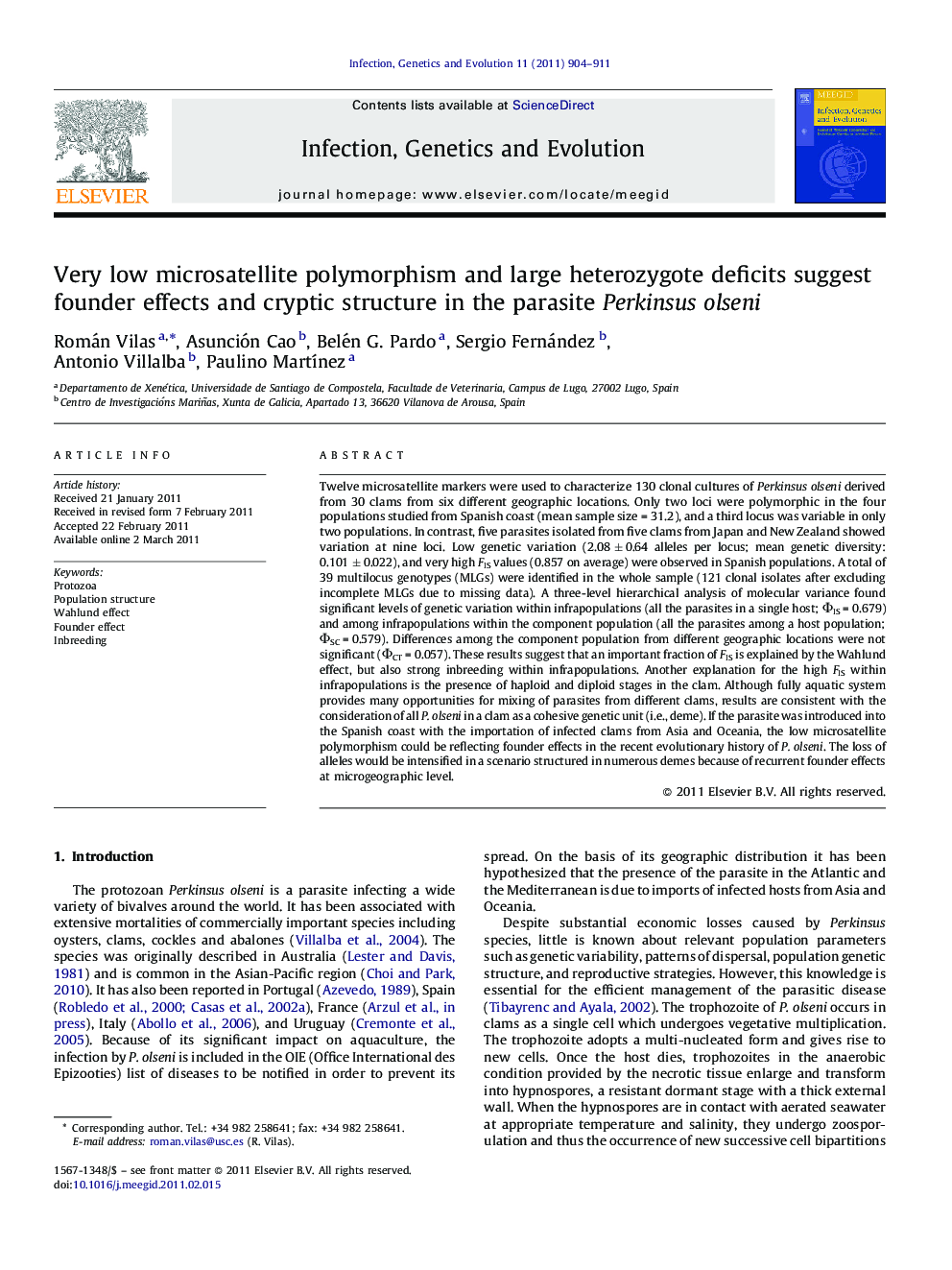 Very low microsatellite polymorphism and large heterozygote deficits suggest founder effects and cryptic structure in the parasite Perkinsus olseni