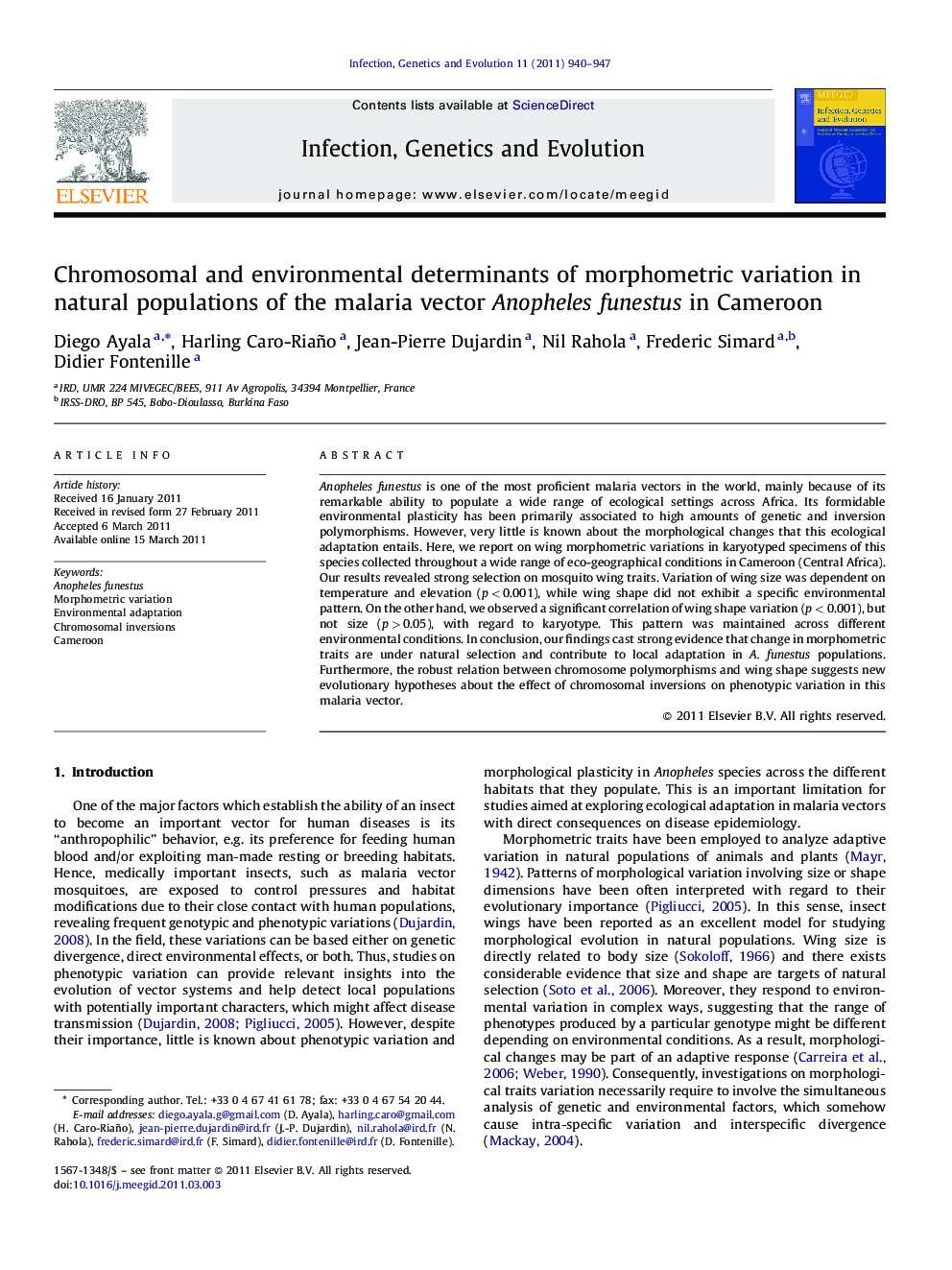 Chromosomal and environmental determinants of morphometric variation in natural populations of the malaria vector Anopheles funestus in Cameroon