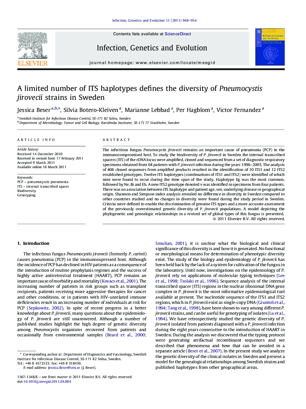 A limited number of ITS haplotypes defines the diversity of Pneumocystis jirovecii strains in Sweden
