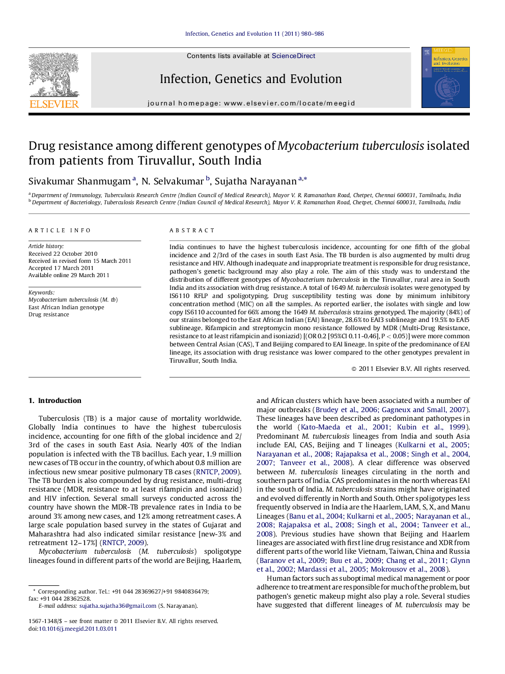 Drug resistance among different genotypes of Mycobacterium tuberculosis isolated from patients from Tiruvallur, South India