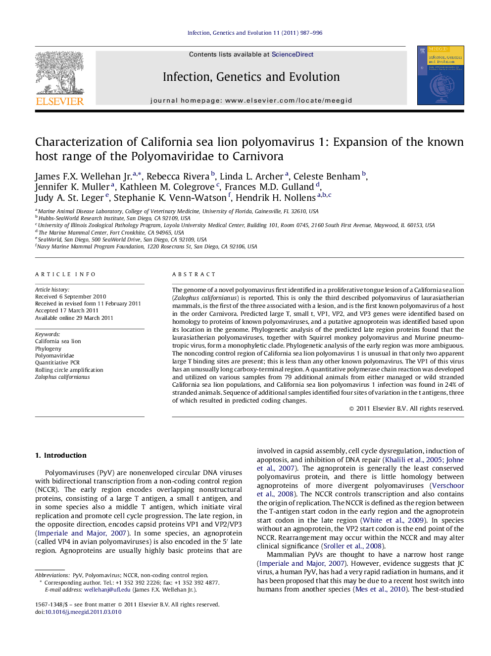 Characterization of California sea lion polyomavirus 1: Expansion of the known host range of the Polyomaviridae to Carnivora